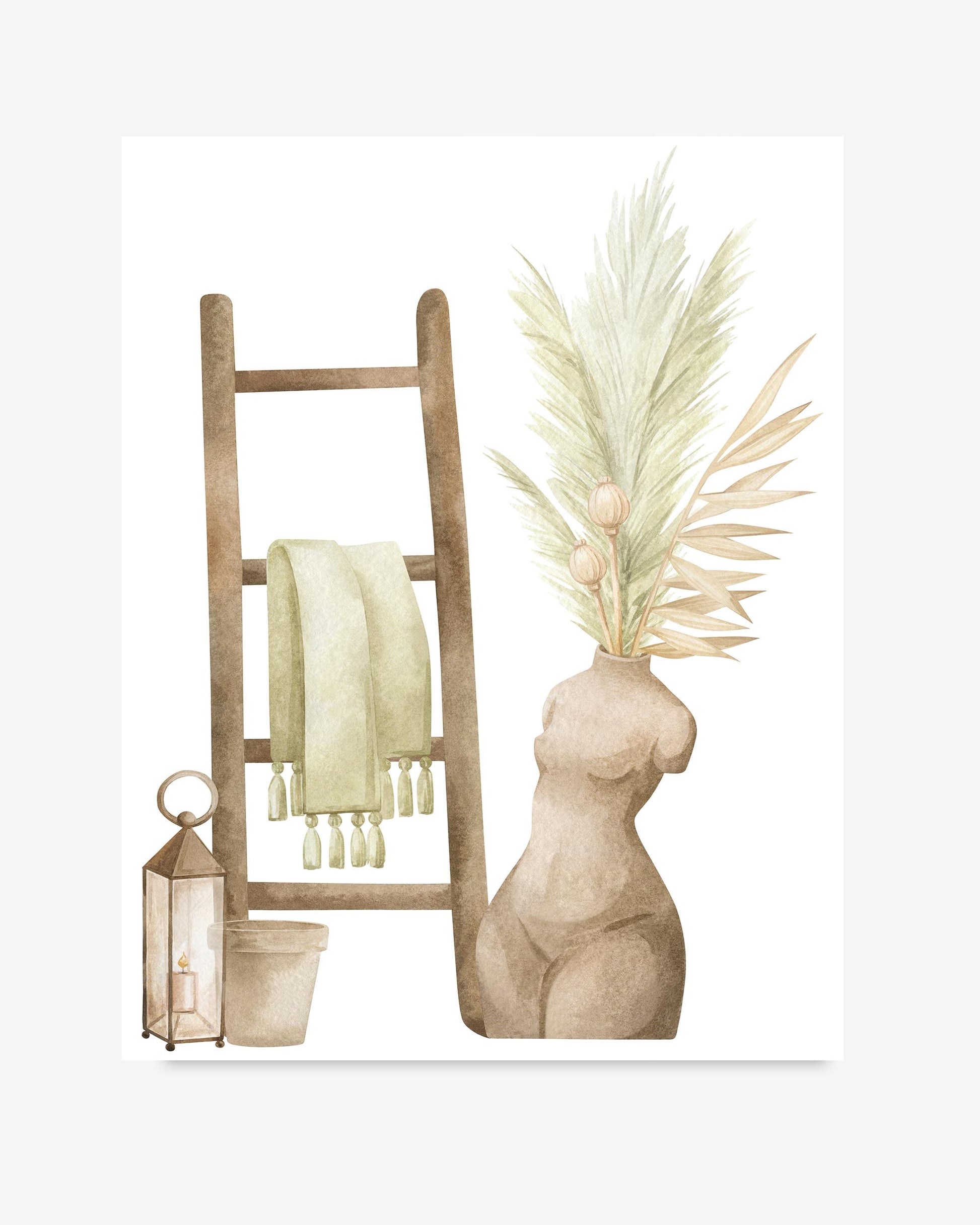 Decorative scene with a wooden ladder, towel, lantern, and decorative plant on a white background