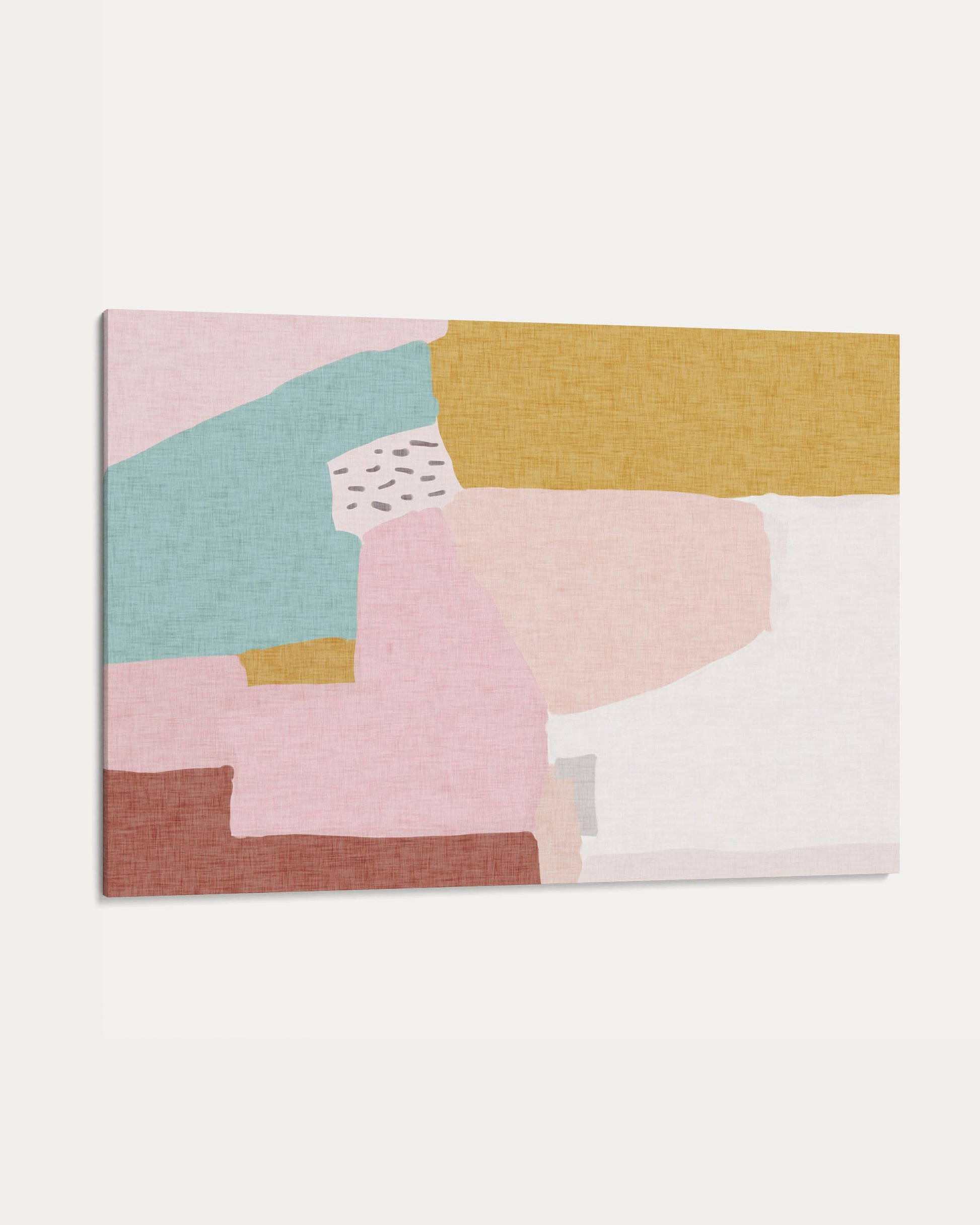 Abstract art piece with geometric shapes in pastel colors on a white background