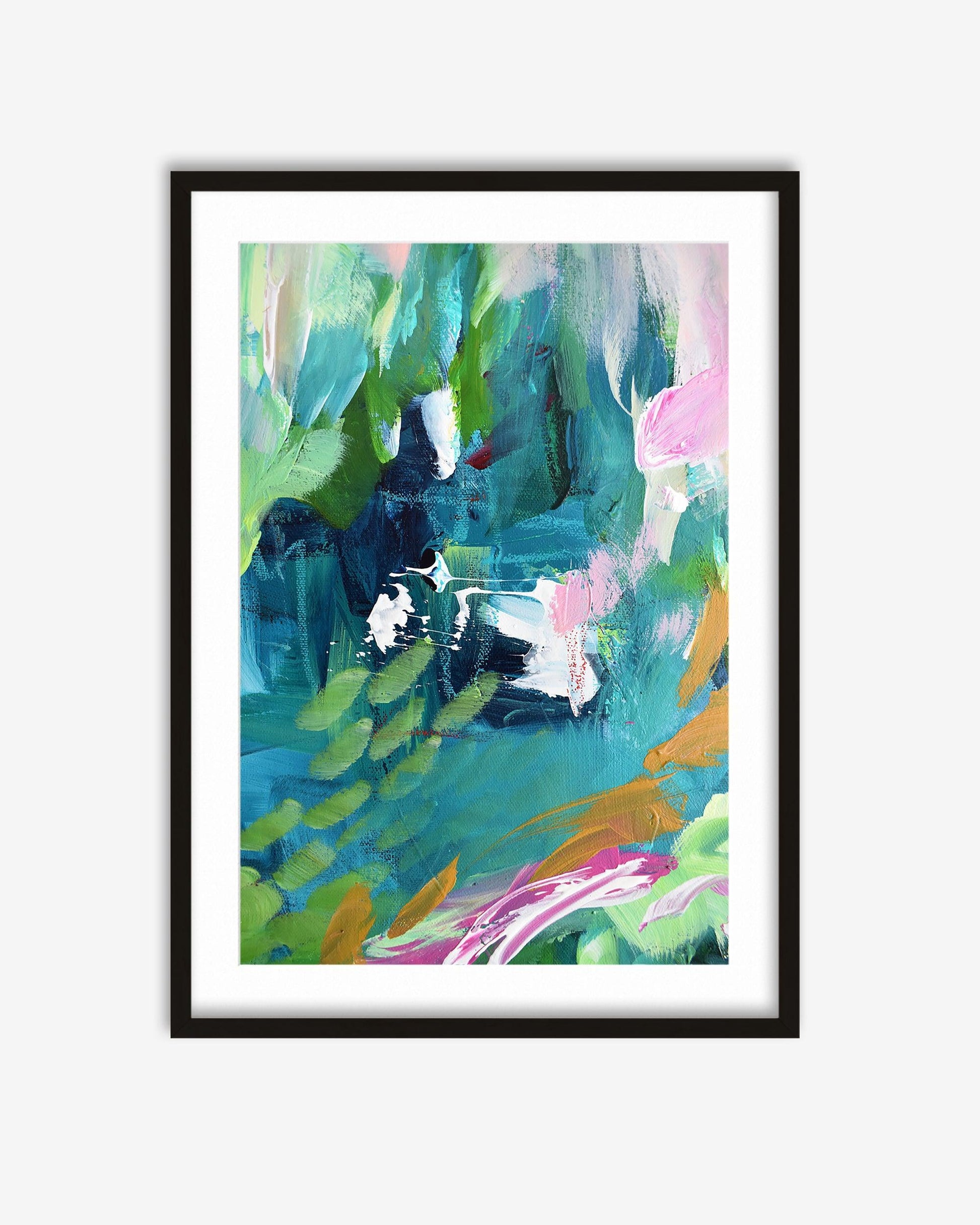 Framed abstract painting with colorful brush strokes on a white background