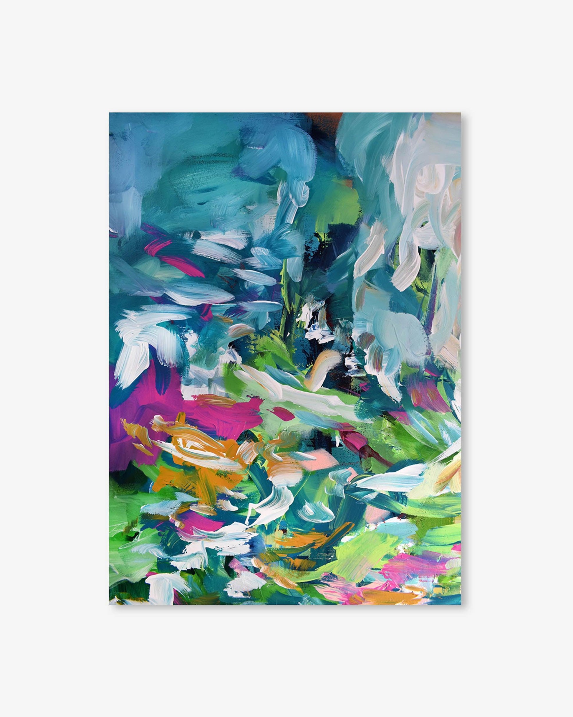 Abstract painting with vibrant colors on a white background