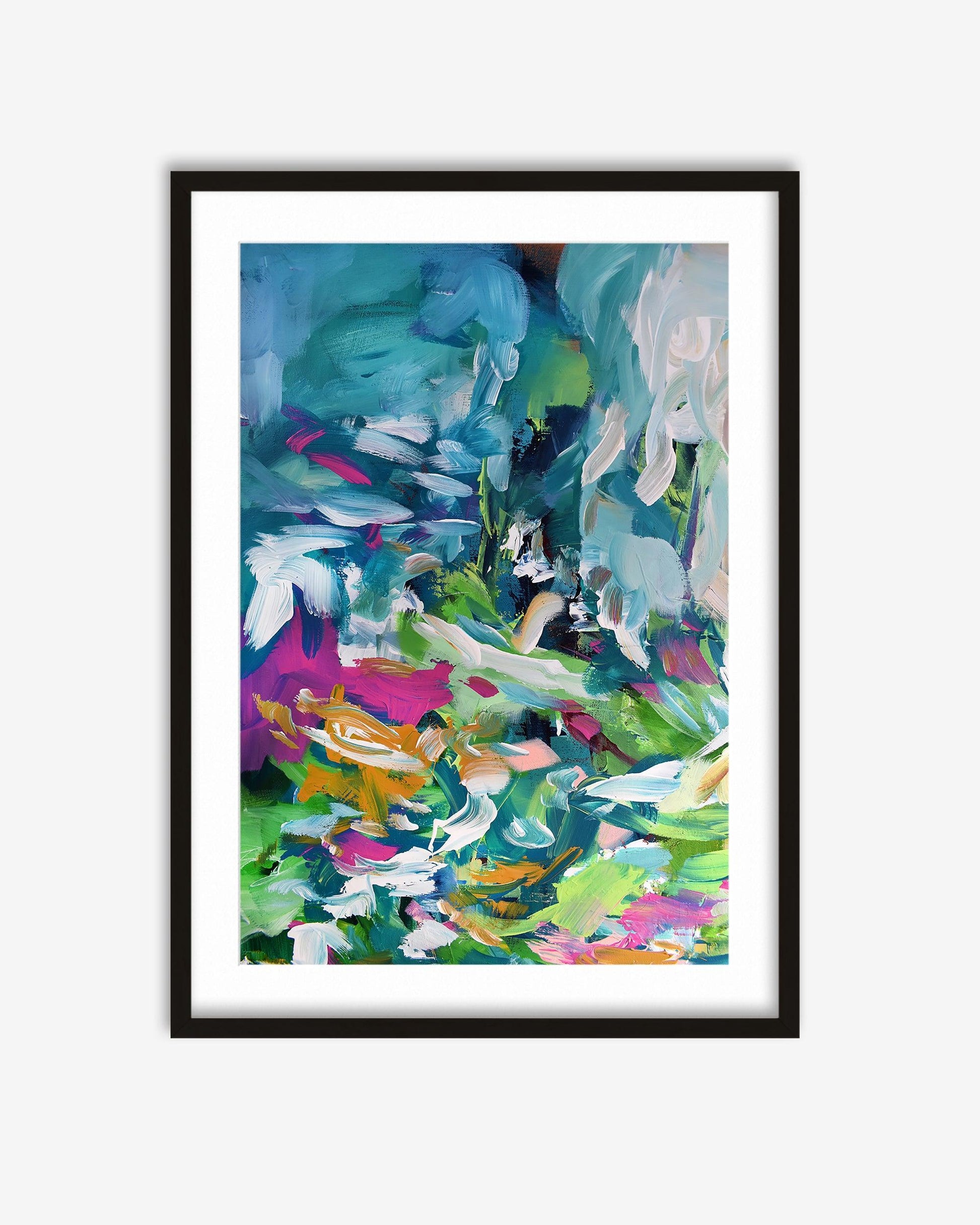 Framed abstract painting with vibrant colors on a white background