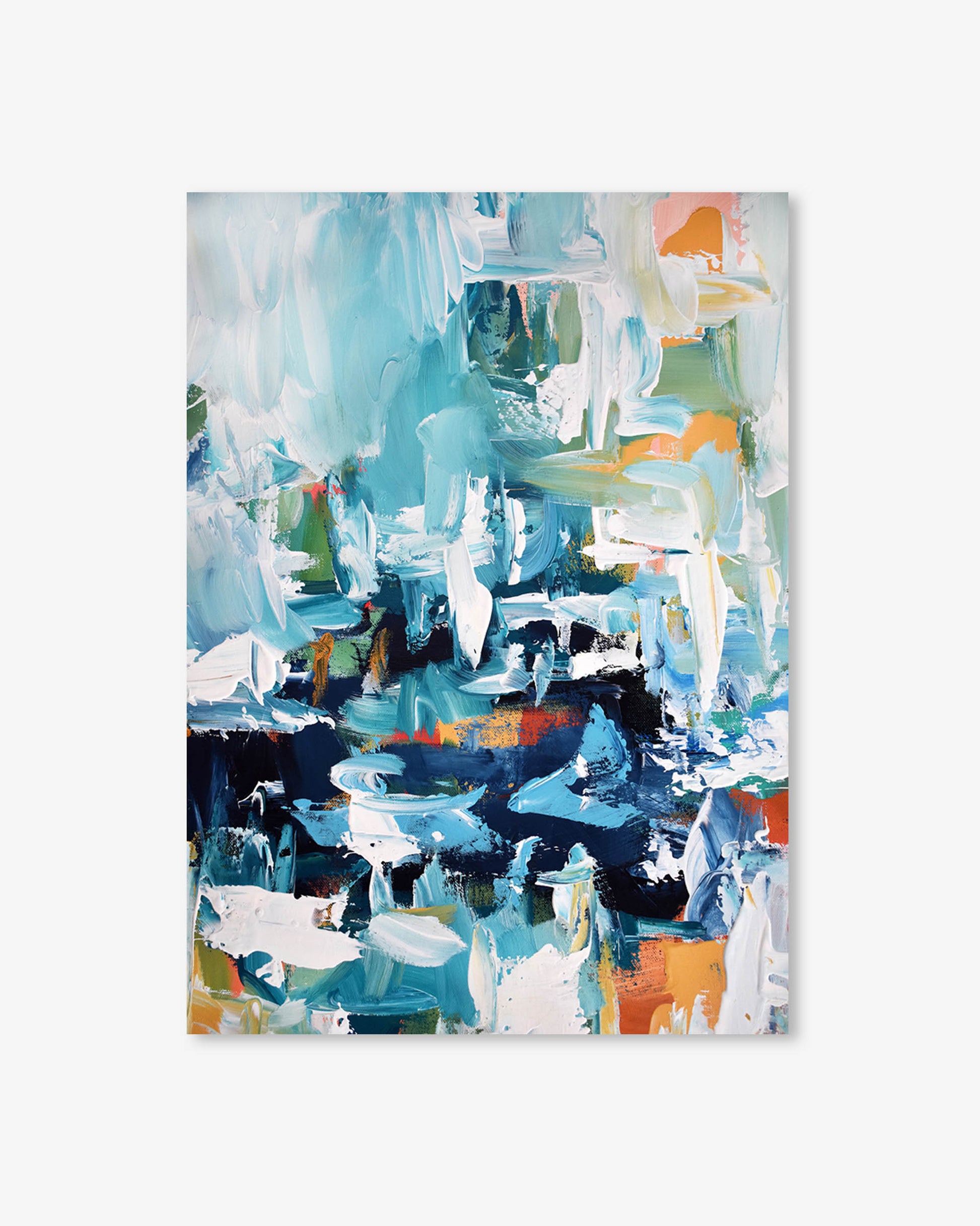 Abstract painting with a mix of blue, white, and orange colors on a white background