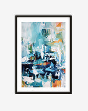 Framed abstract art print with blue, white, and orange colors on a white background