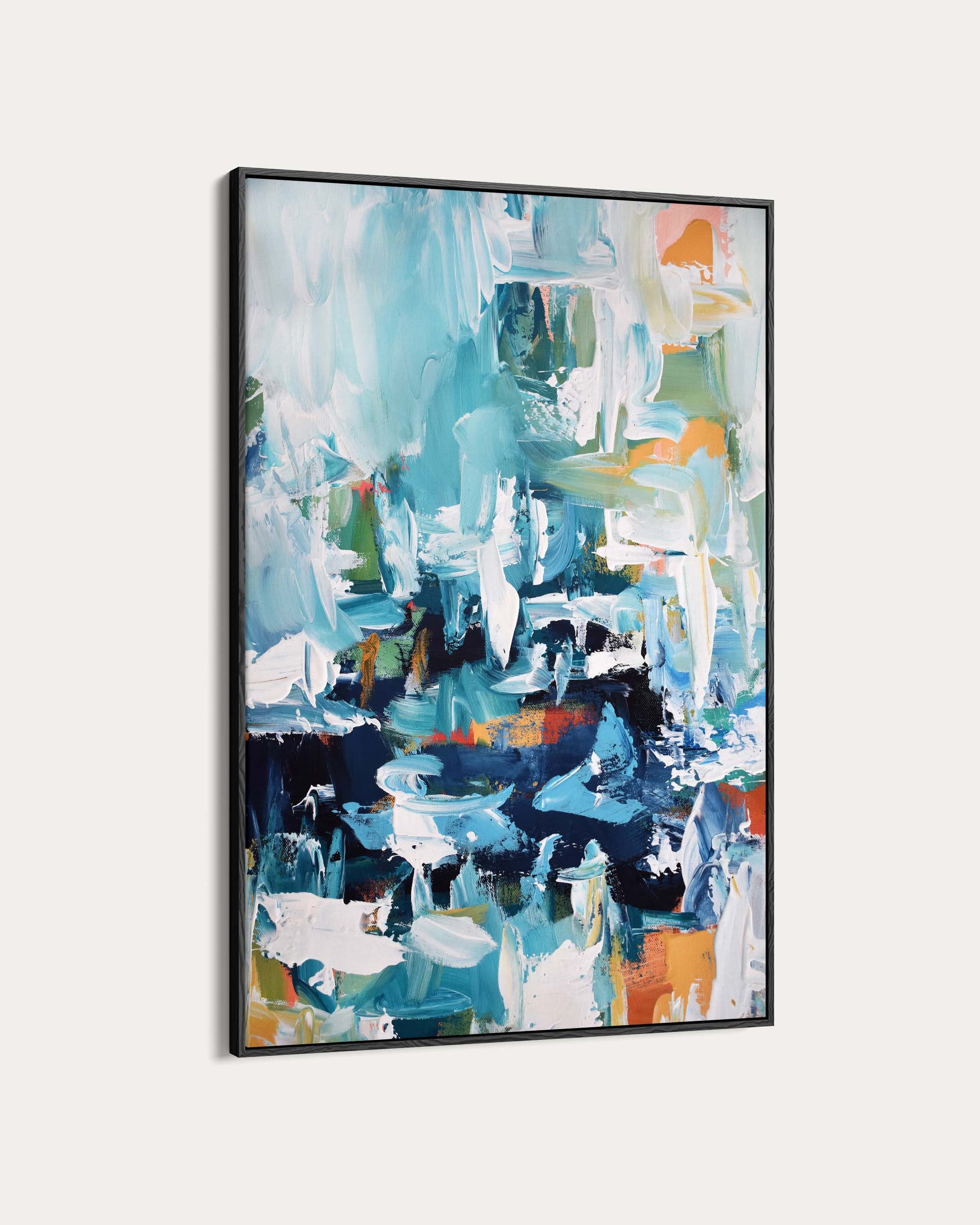 Abstract painting with blue, green, and orange colors in a black frame on a white background