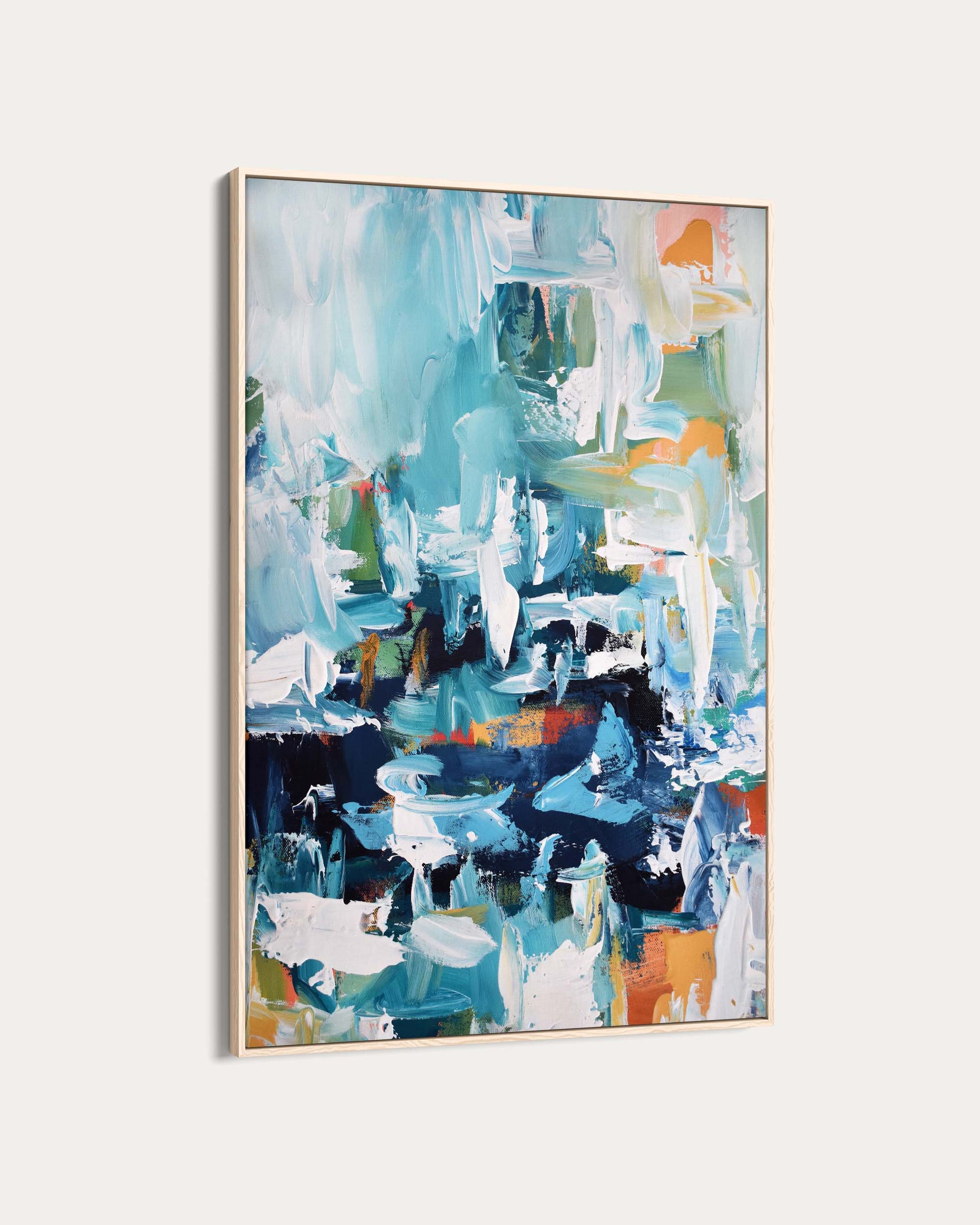 Abstract painting with blue, green, and orange colors on a white background