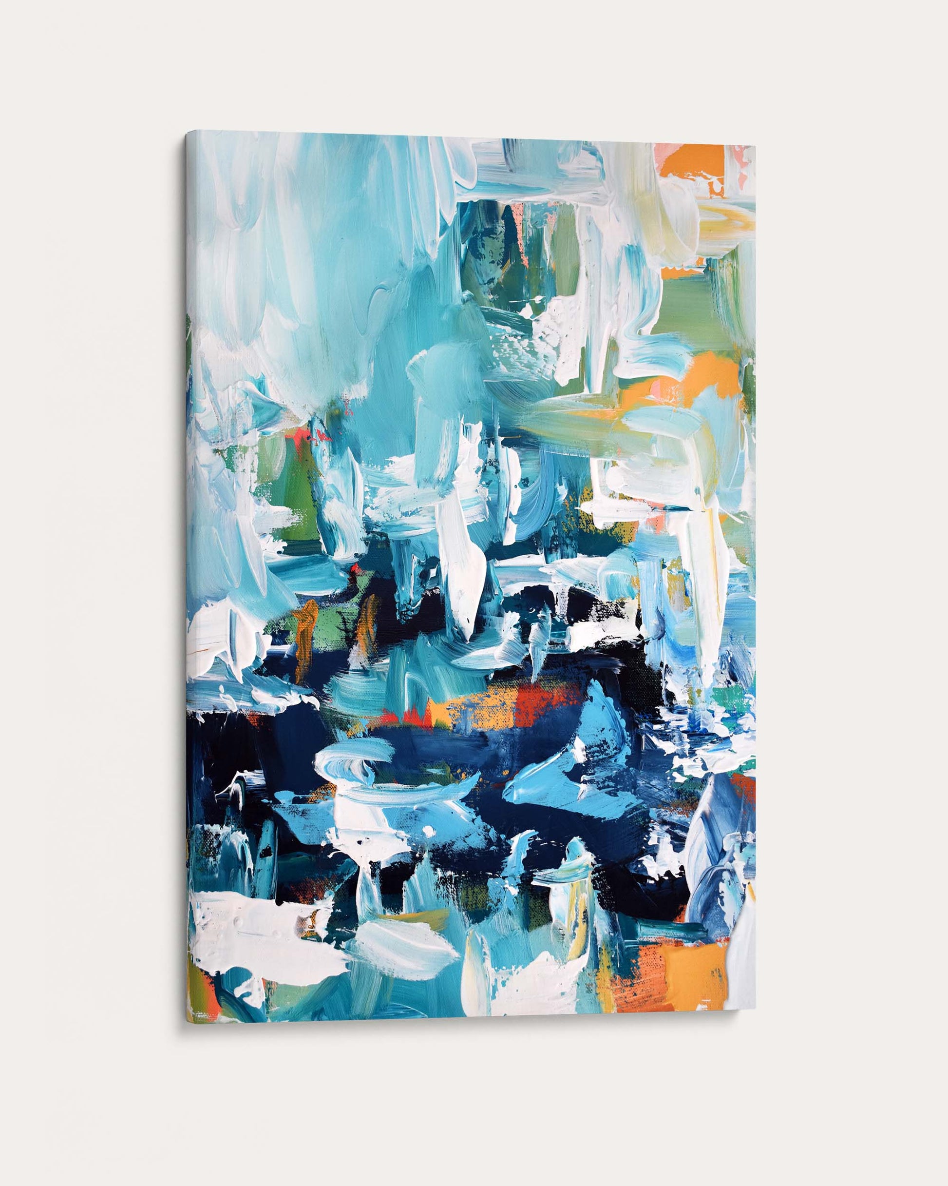 Abstract painting with blue, white, and multicolor brush strokes on a white background