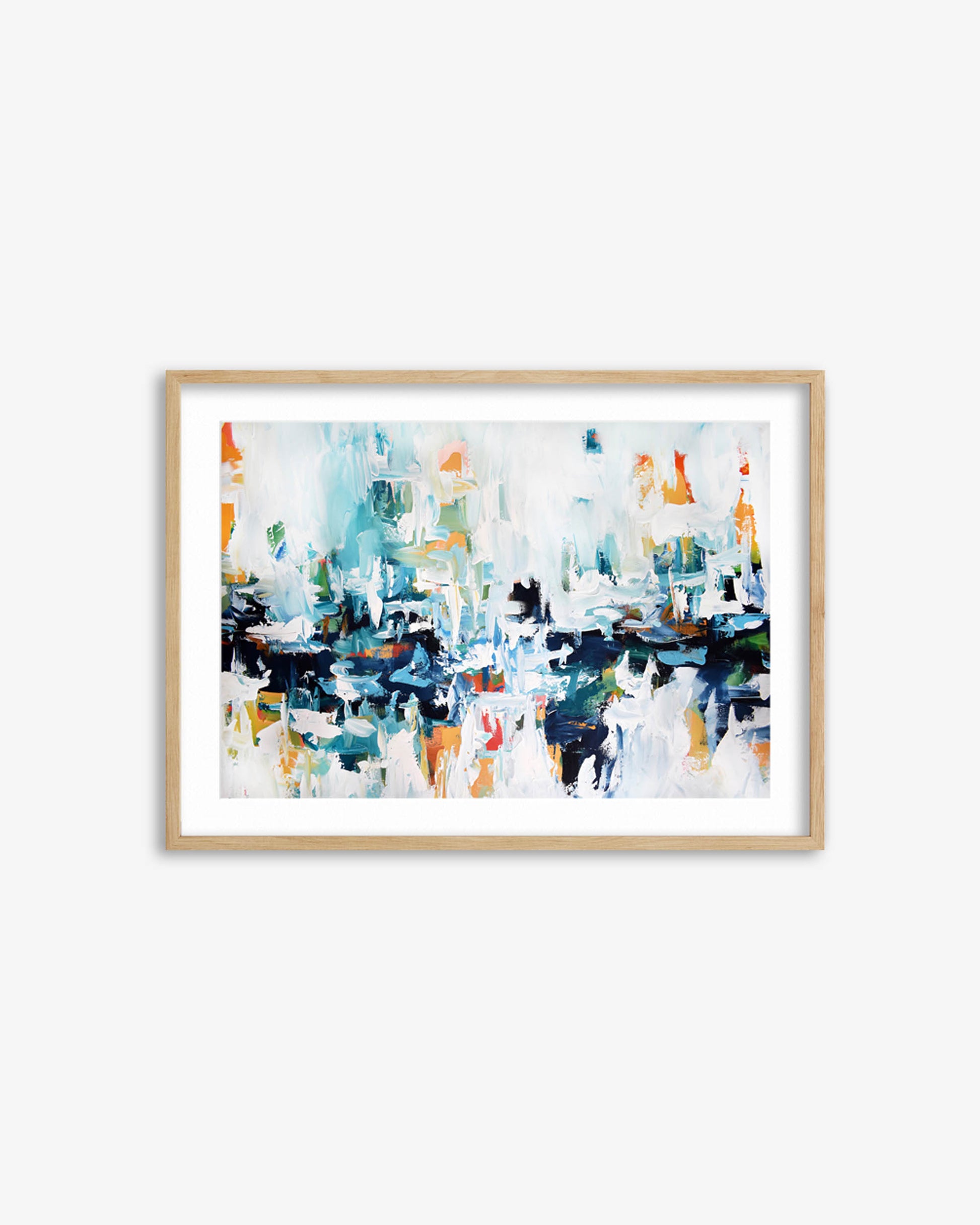 Framed abstract art print on a white wall