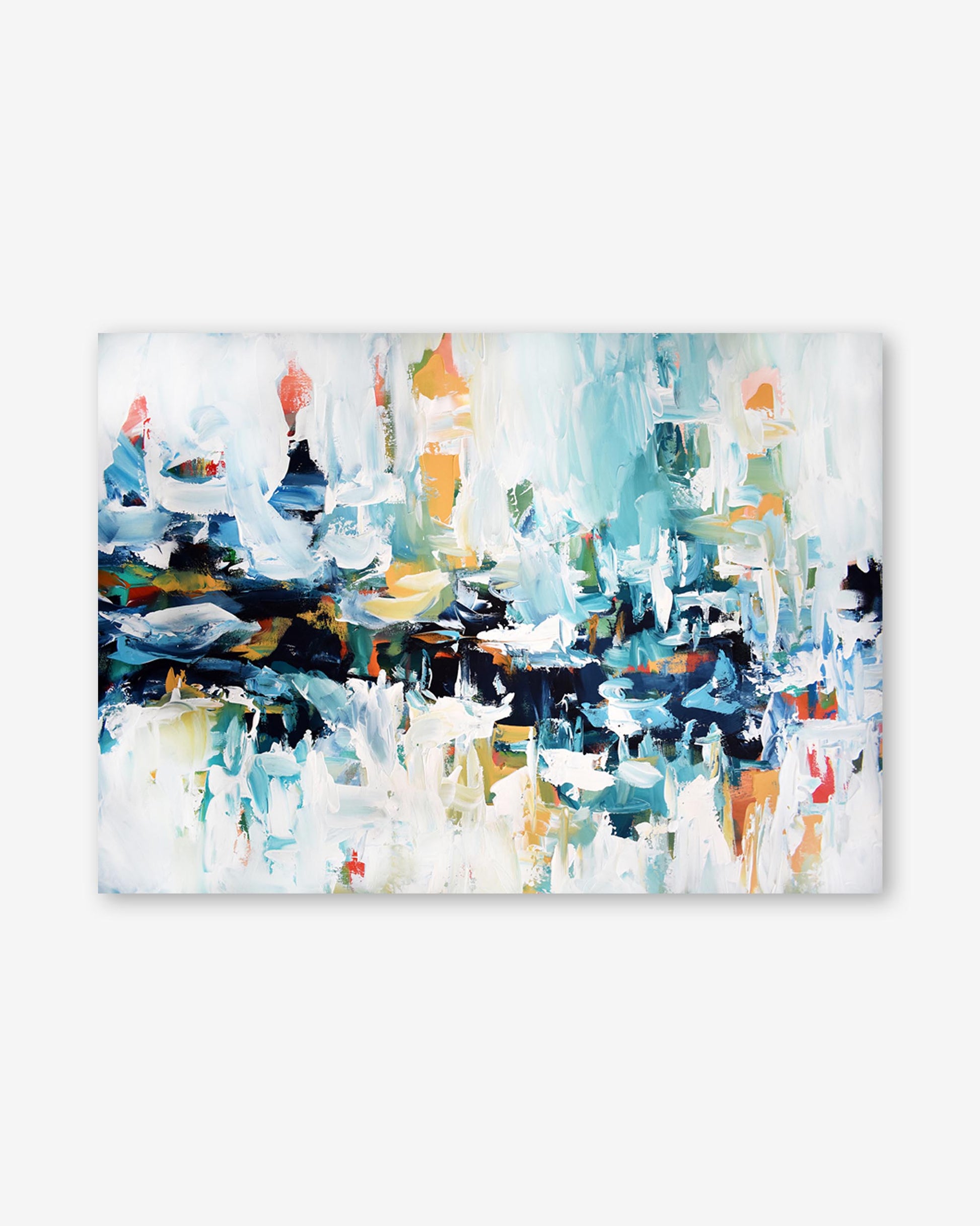 Abstract painting with a mix of blue, white, and multicolor on a white background