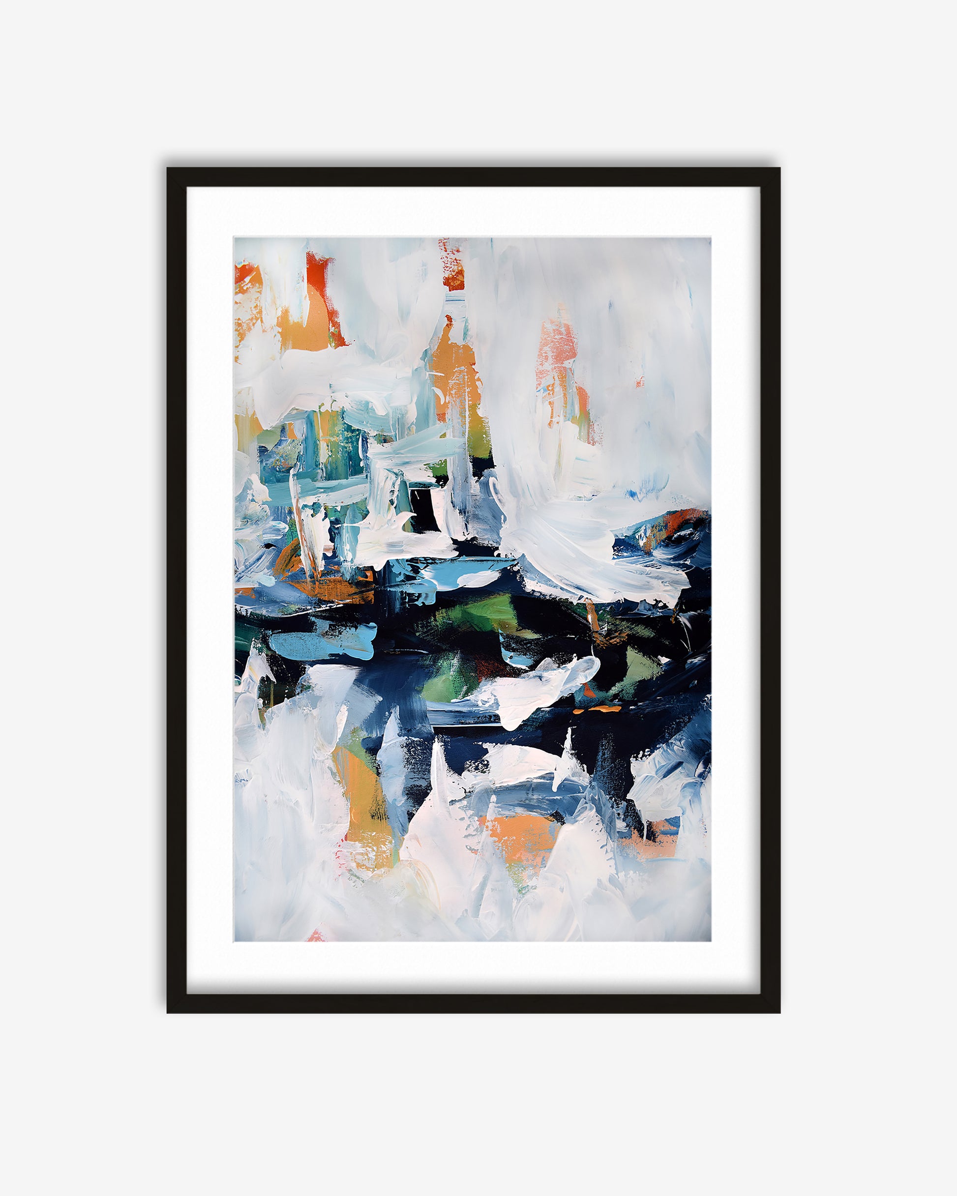 Framed abstract art print with colorful brush strokes on a white background