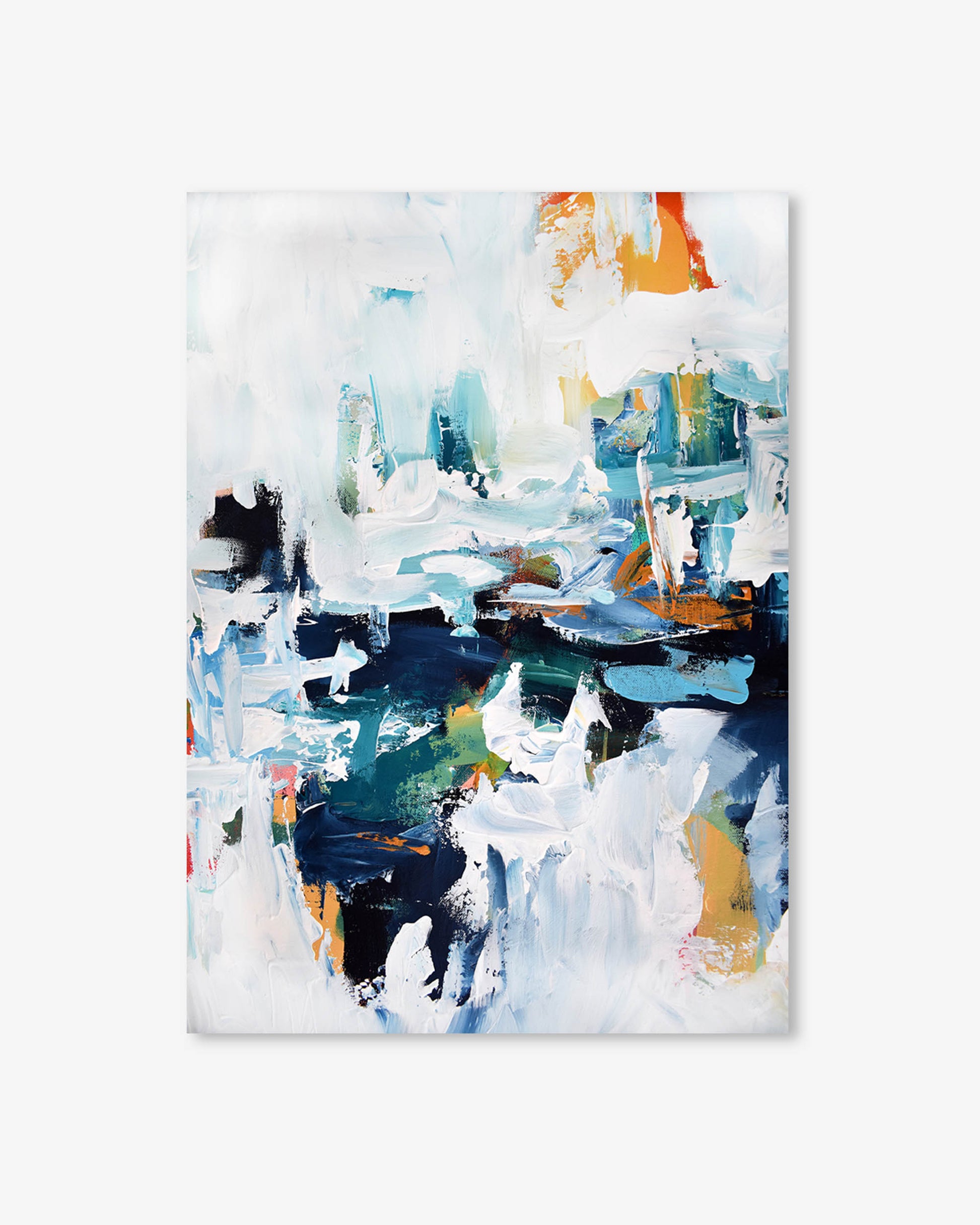 Abstract painting with a mix of blue, orange, and black on a white background
