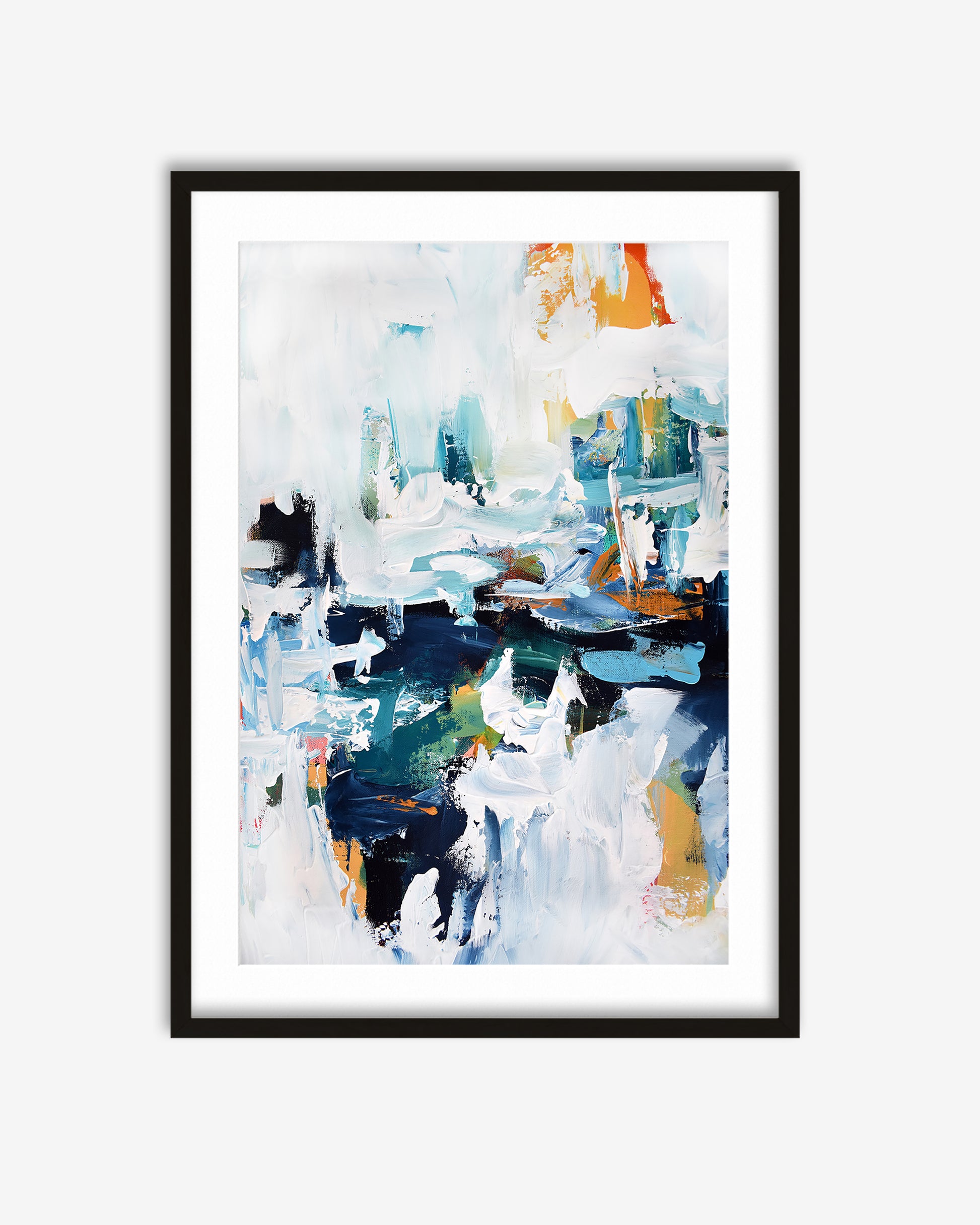Framed abstract art print with colorful brush strokes on a white background
