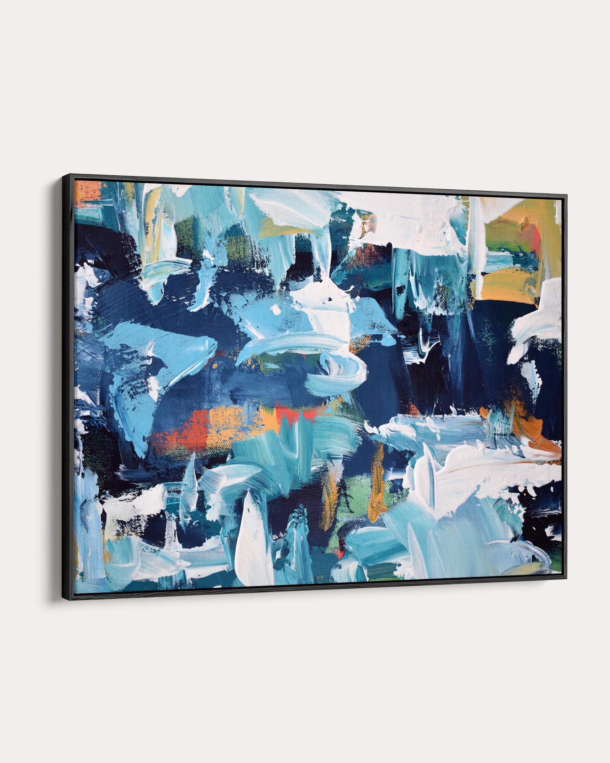 Abstract painting with blue, white, and multicolor strokes in a black frame.