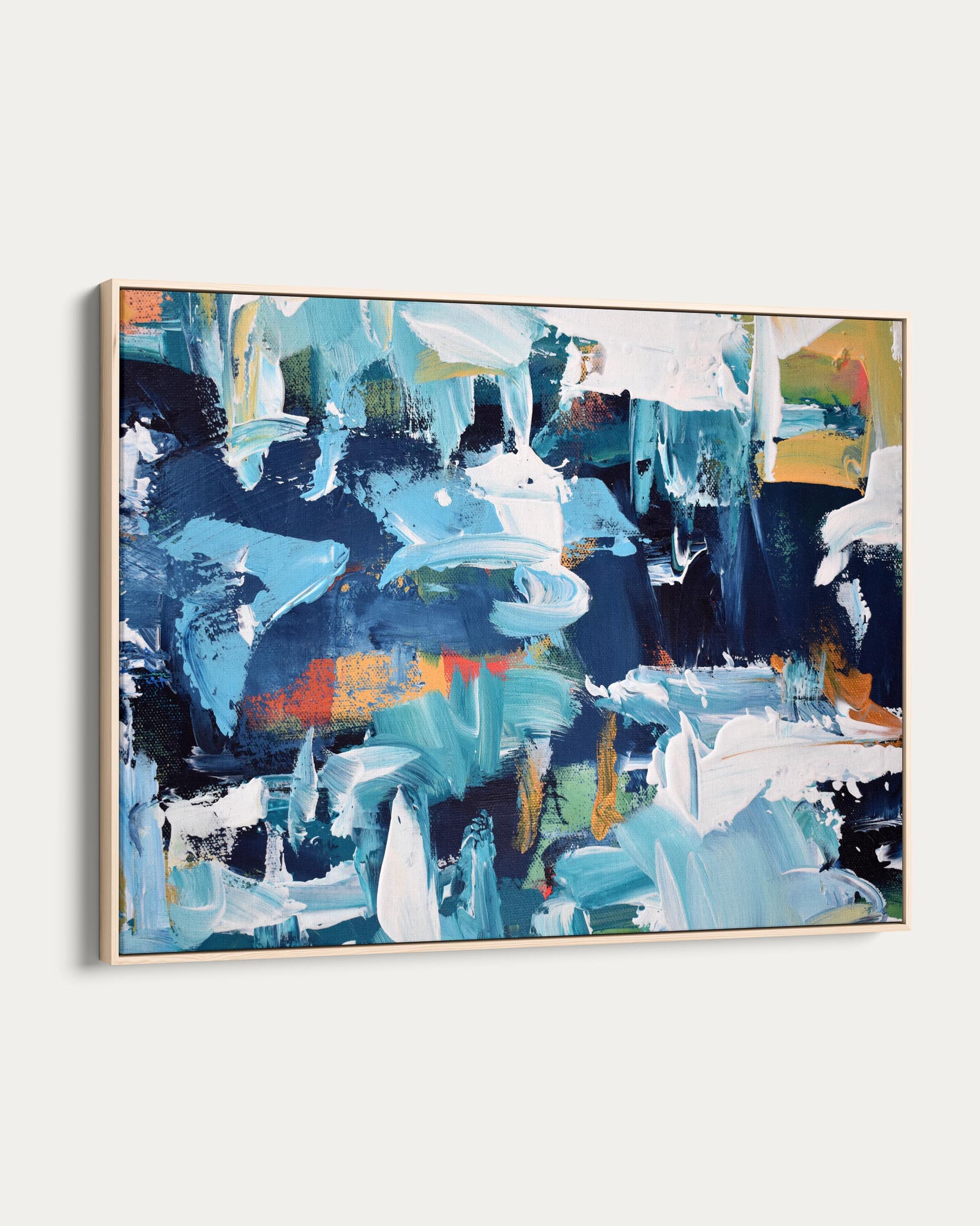 Abstract painting with blue, white, and multicolor strokes on a white background