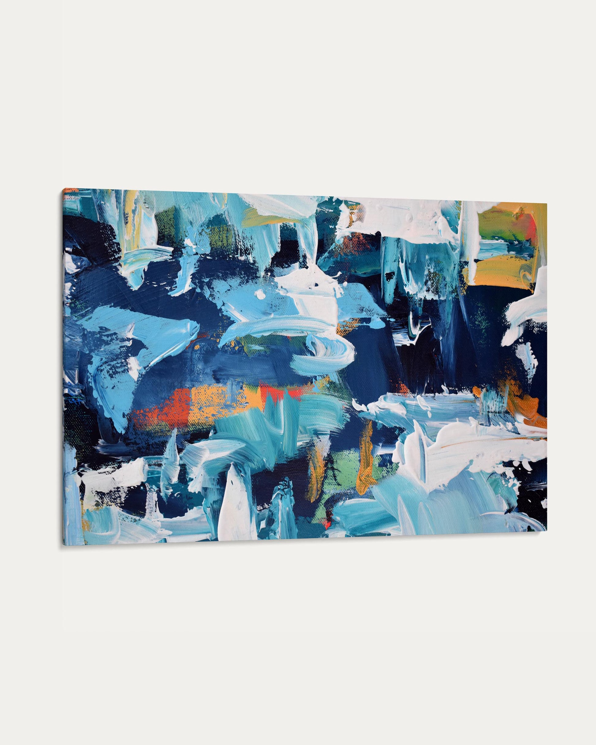 Abstract painting with blue, white, and multicolor brush strokes on a white background