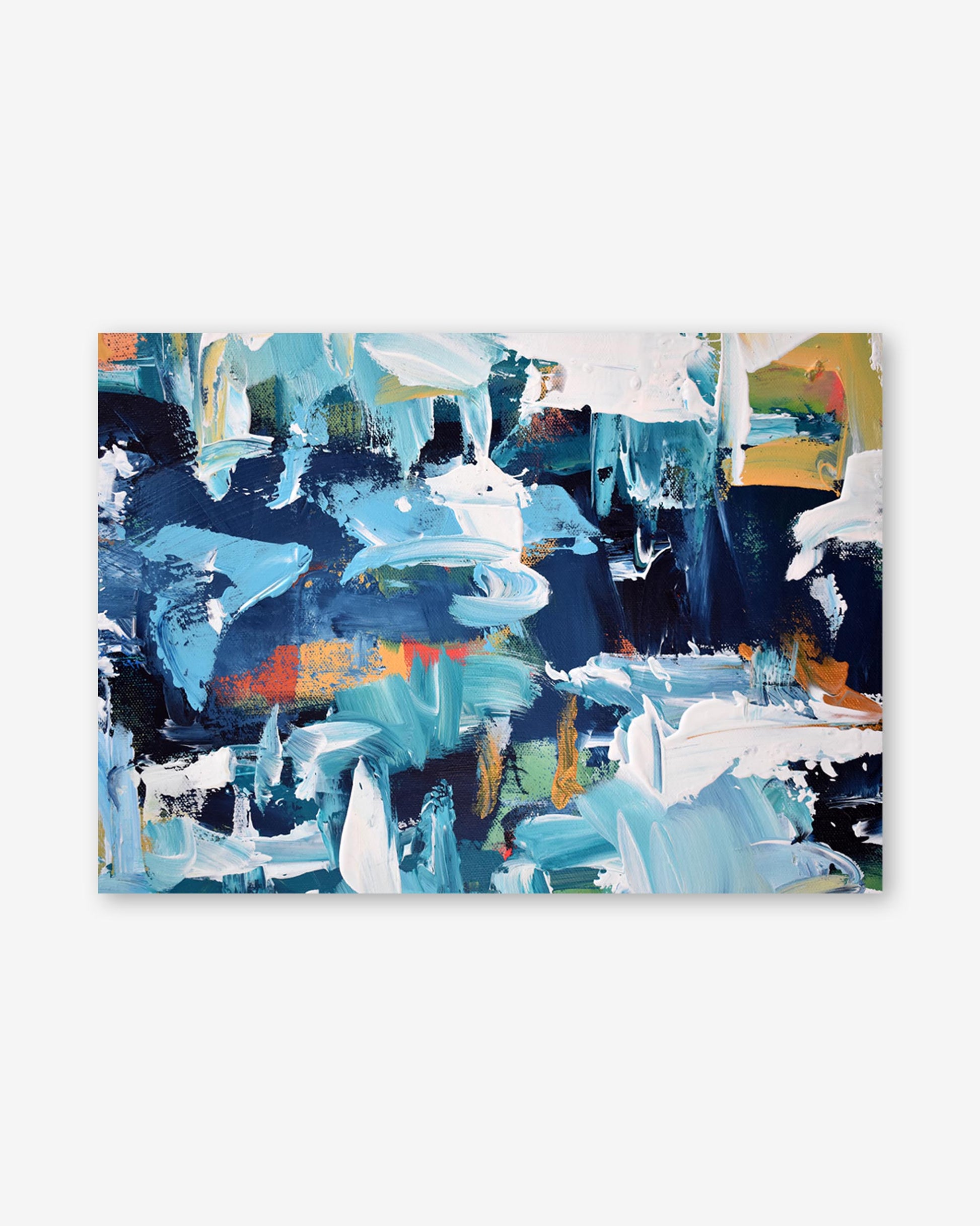 Abstract art print with blue, white, and multicolor abstract design on a white background