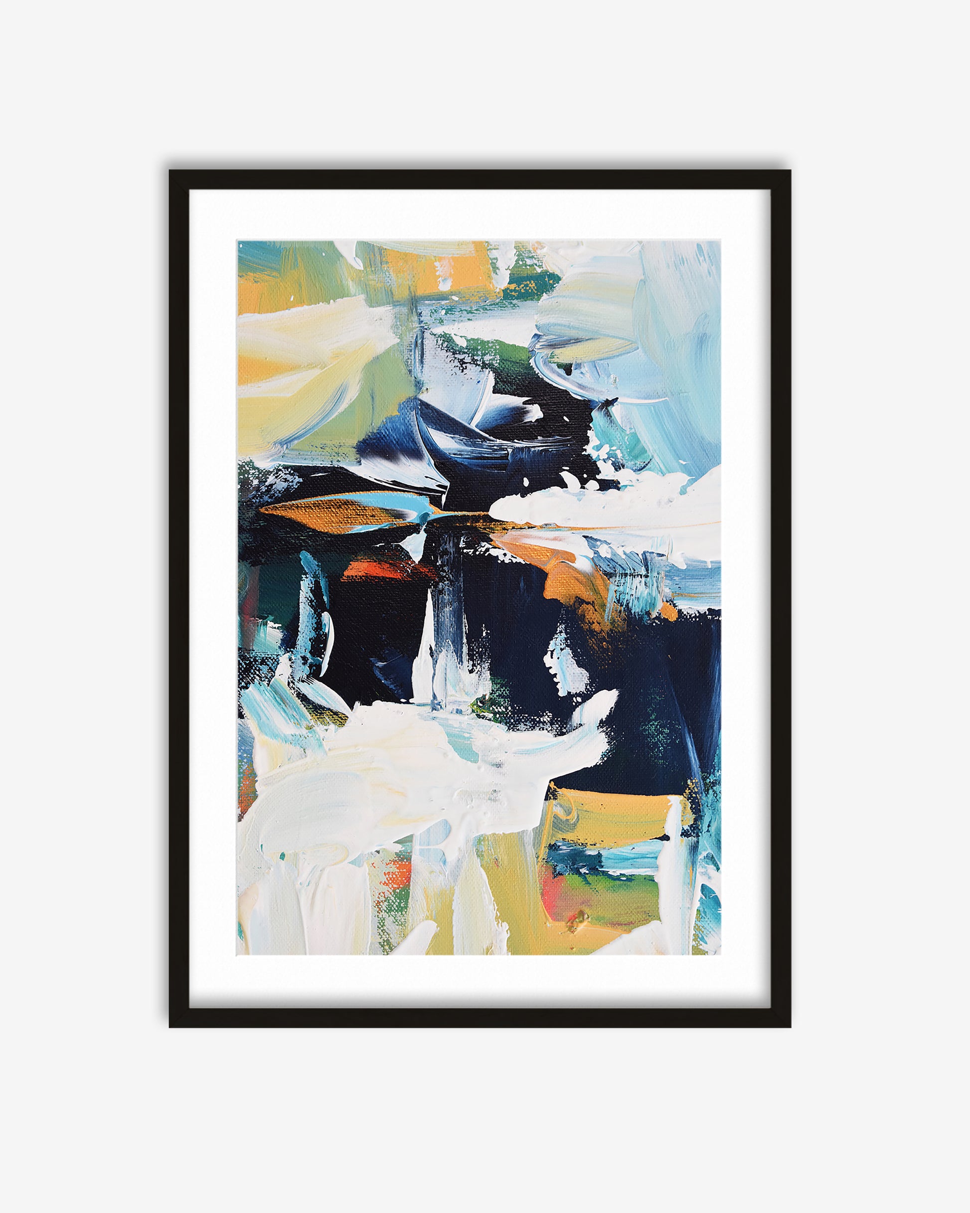 Framed abstract art print with colorful brush strokes on a white background