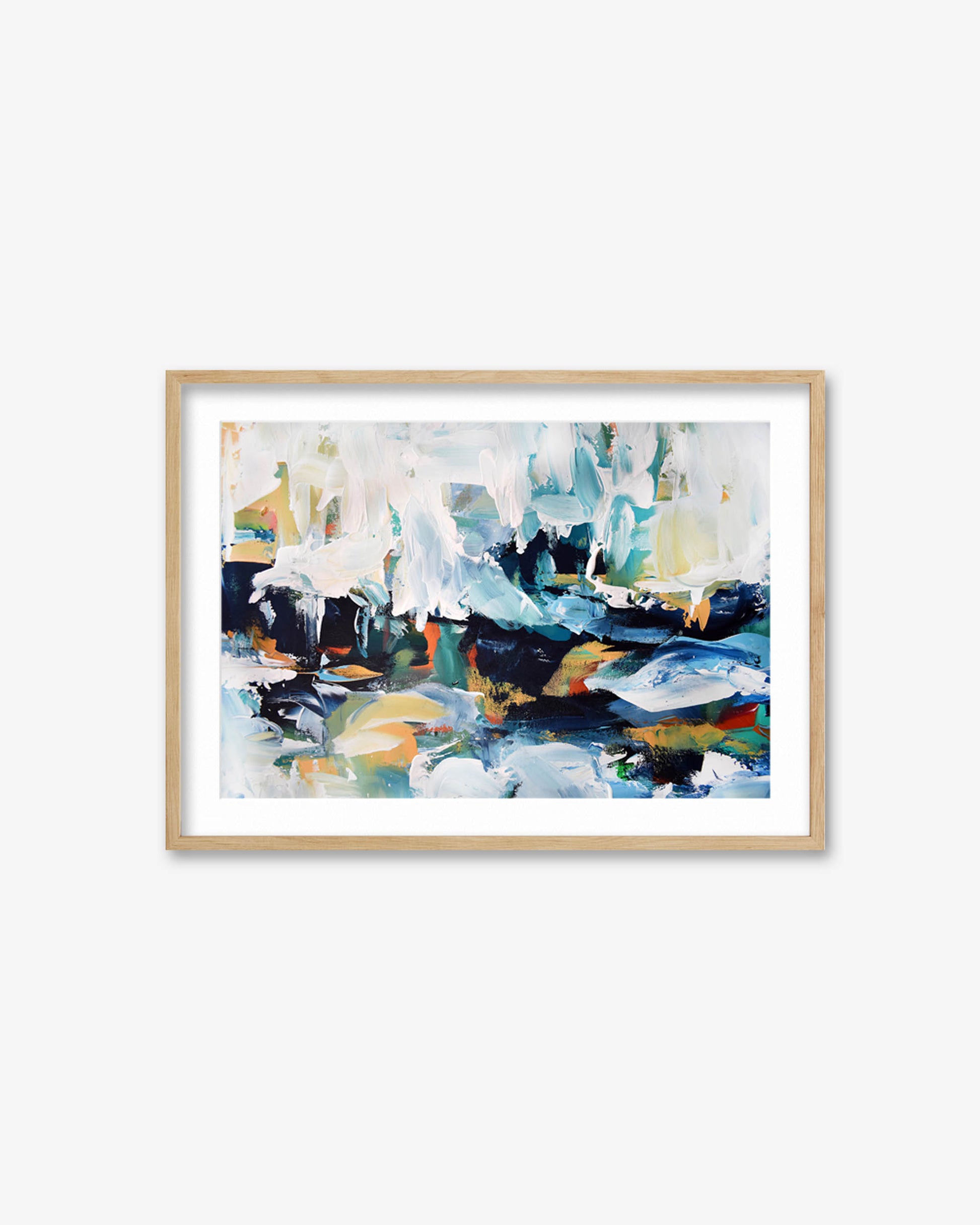 Framed abstract painting with colorful brush strokes on a white wall