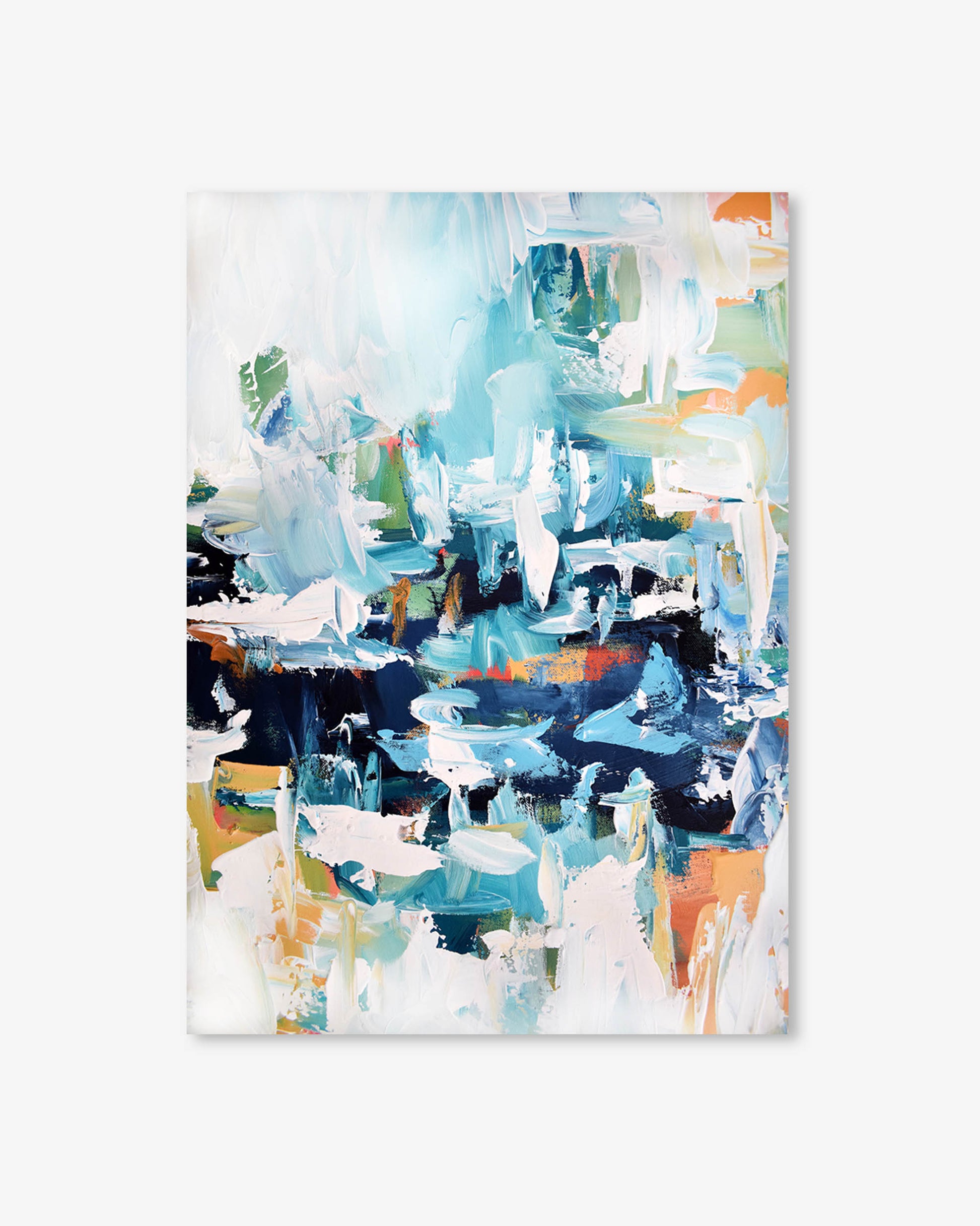 Abstract art print with blue, green, and orange colors on a white background