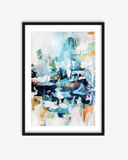 Framed abstract art print with blue, green, and orange colors on a white background