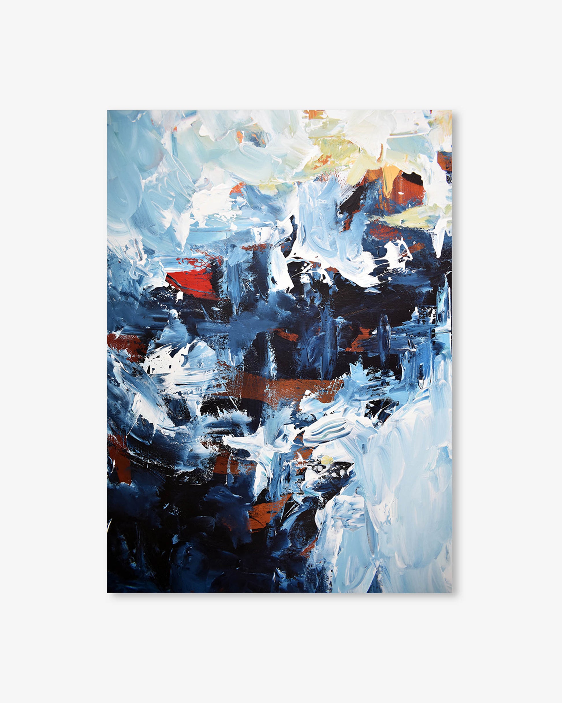 Abstract painting with a mix of blue, white, and red on a white background