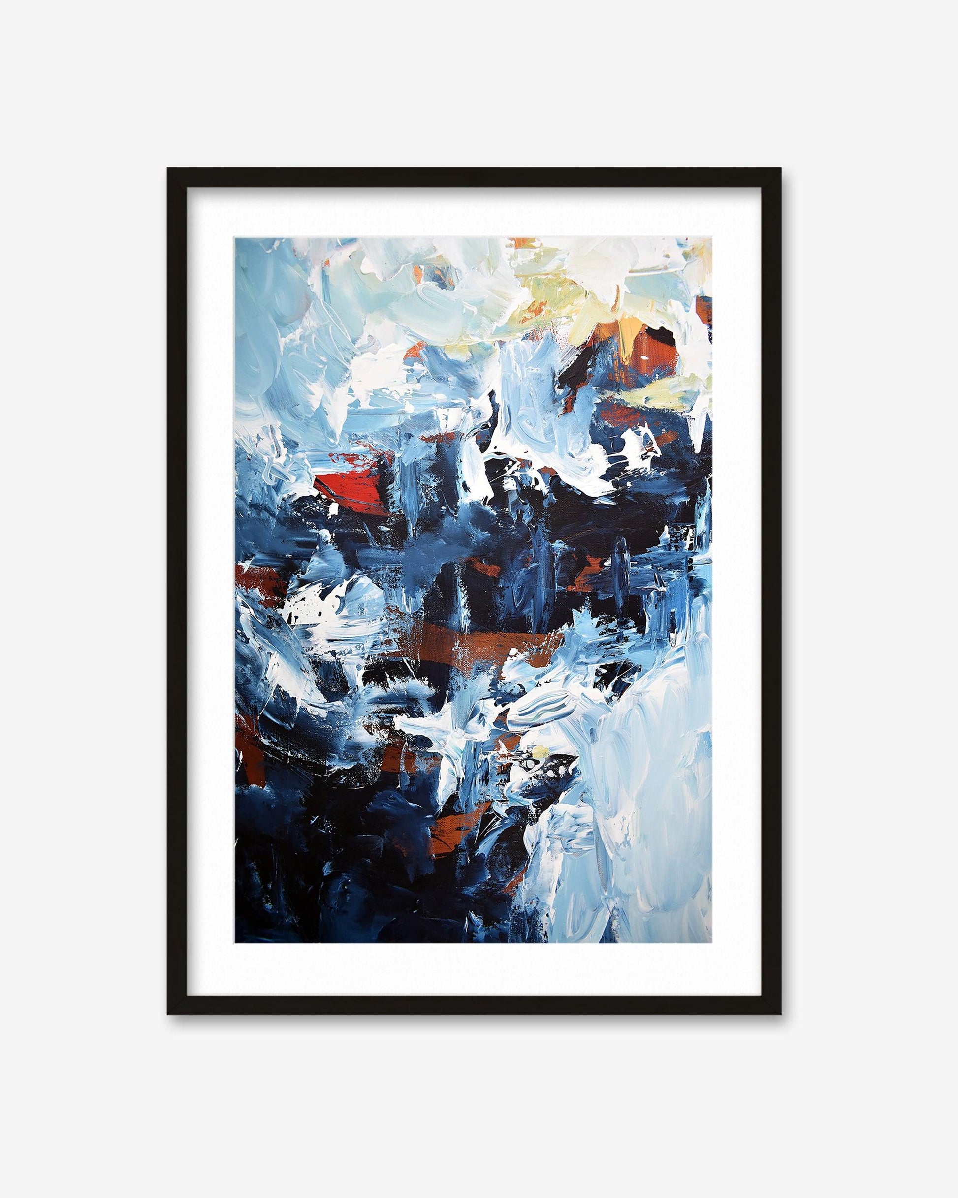 Framed abstract painting with blue, white, and red colors on a white background