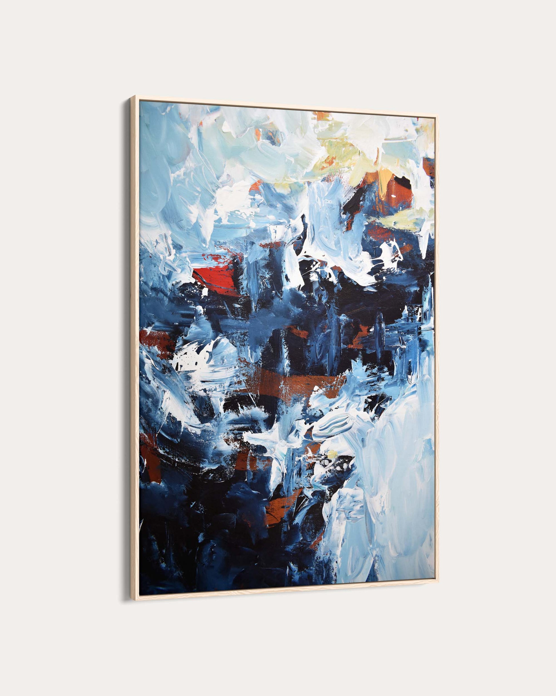Abstract painting with blue, white, and red colors on a light gray background