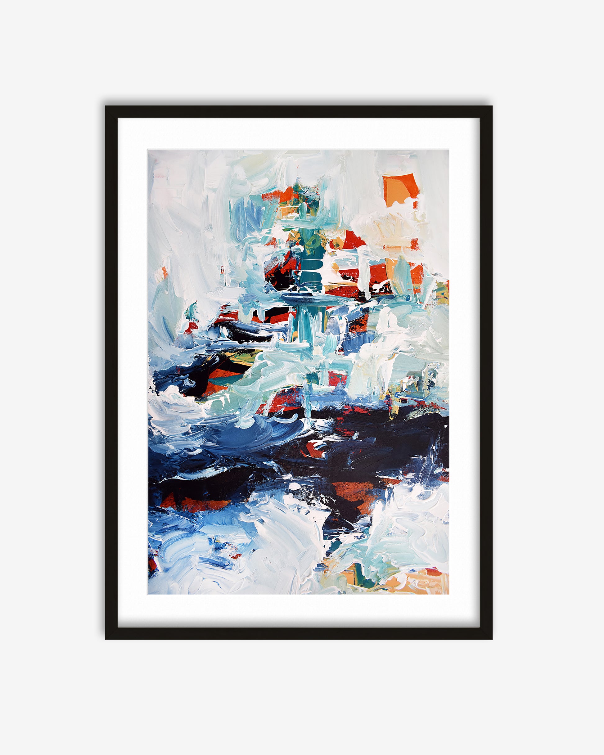 Framed abstract painting with colorful blocks on a white background