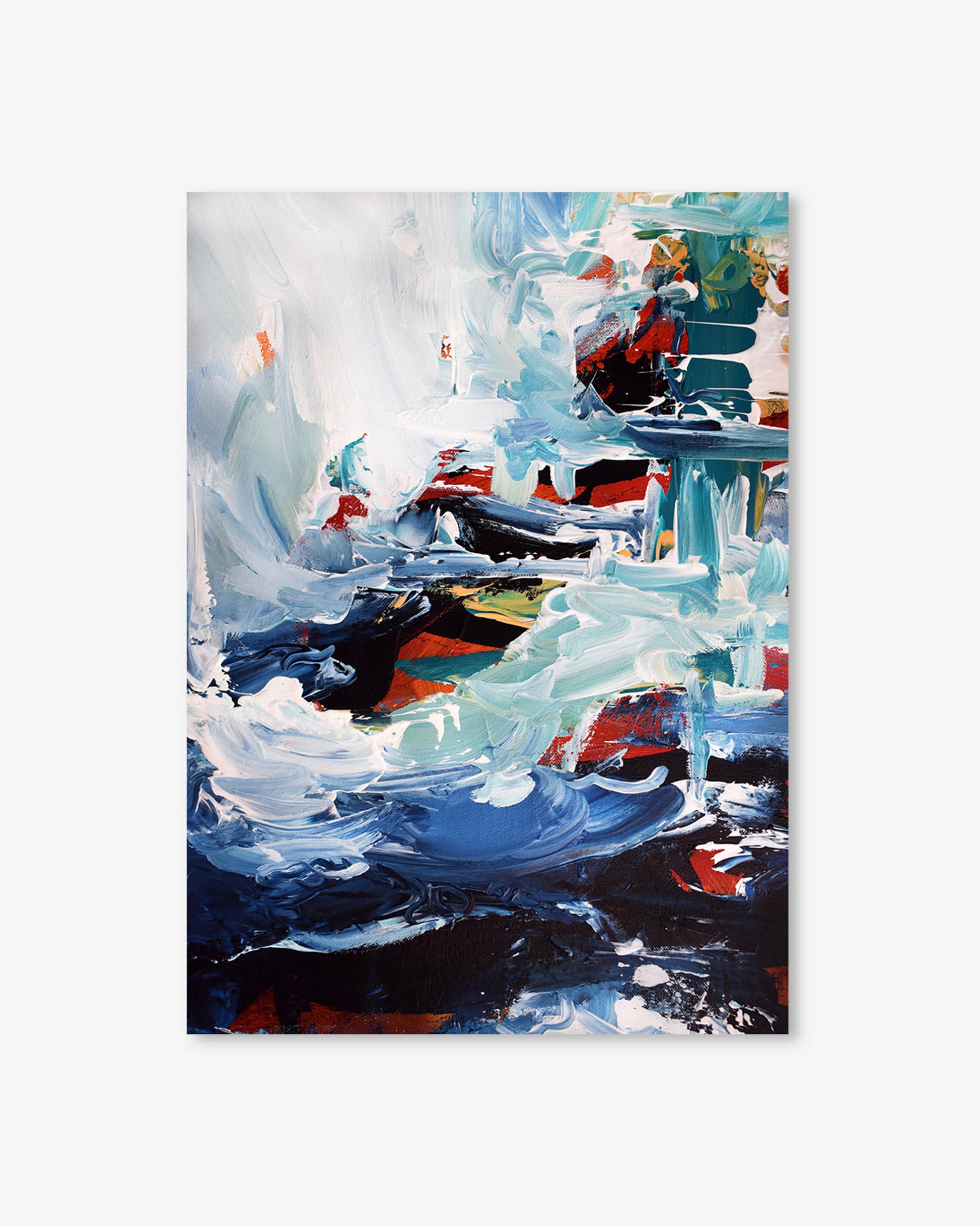 Abstract painting with a mix of blue, white, and multicolor on a white background