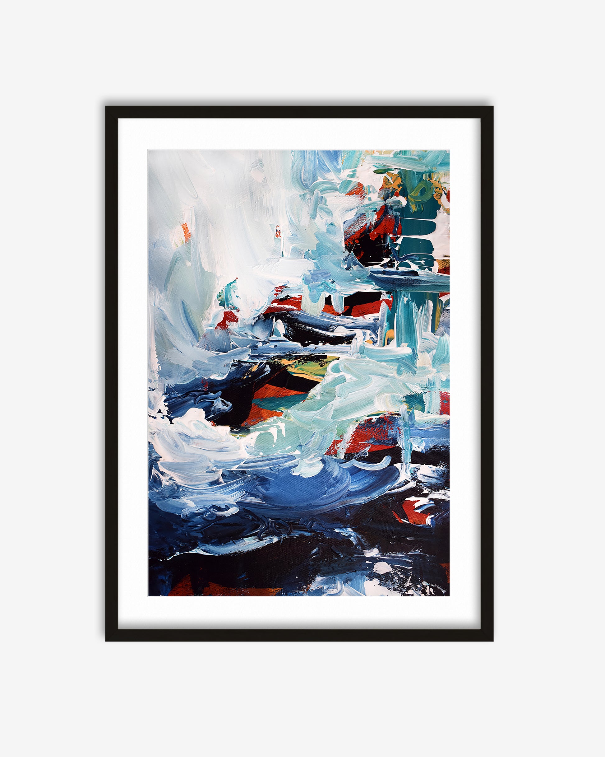 Framed abstract painting with colorful brush strokes on a white background