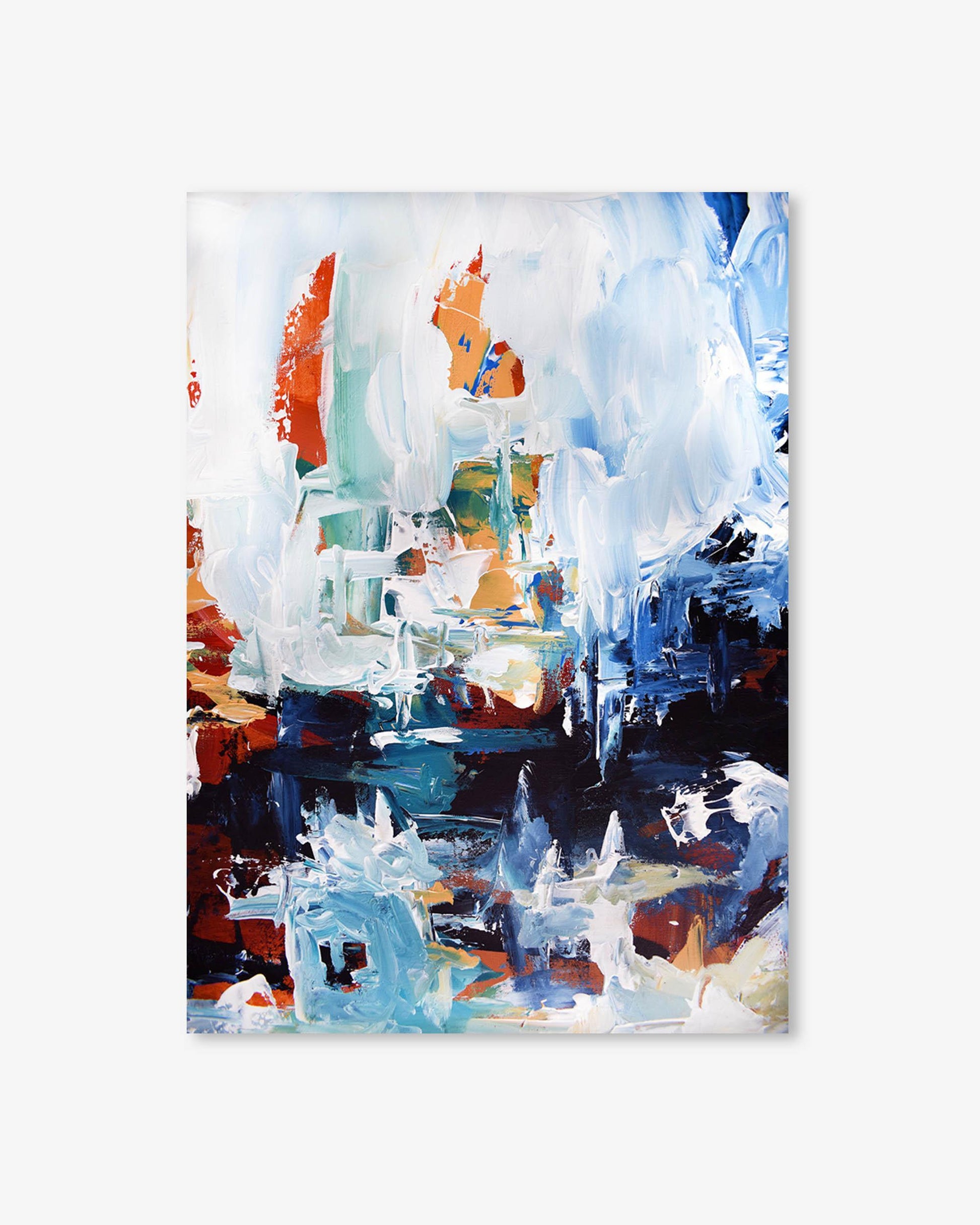 Abstract painting with a mix of blue, orange, and white on a white background