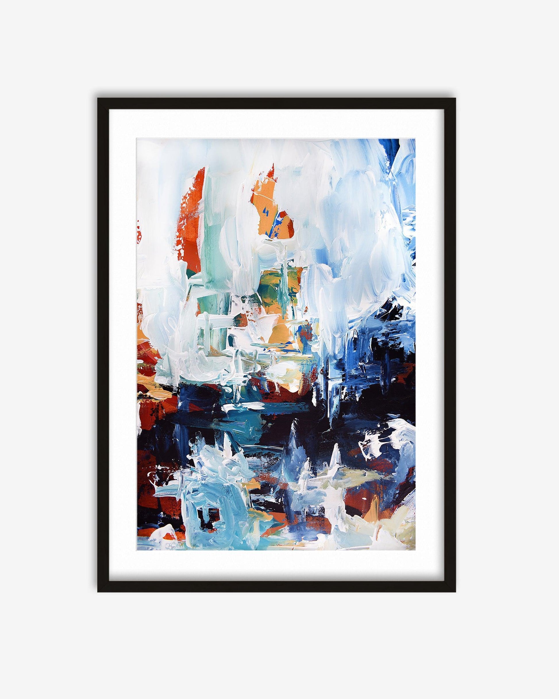 Framed abstract art print with colorful brush strokes on a white background