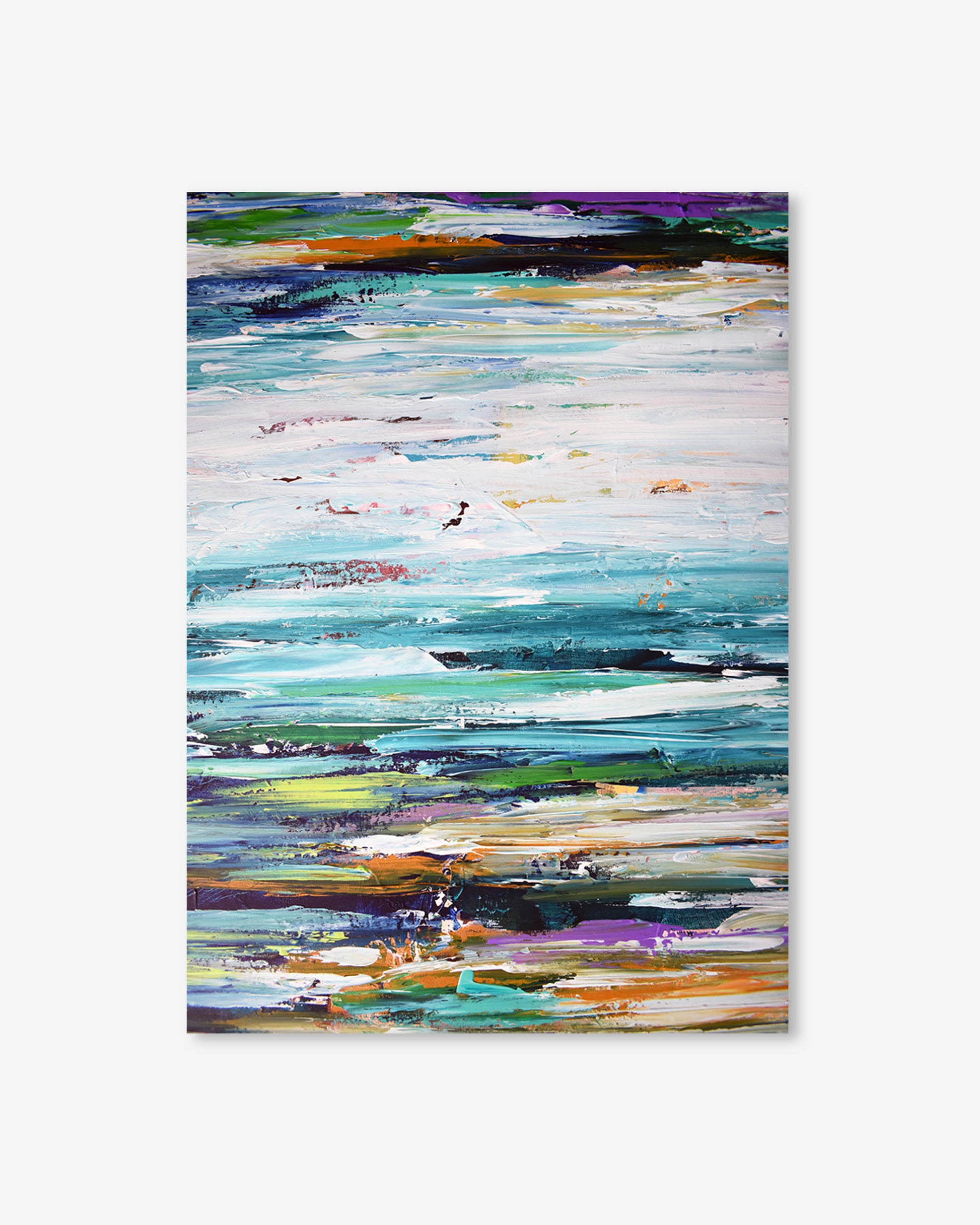 Abstract art print with horizontal stripes in various colors on a white background
