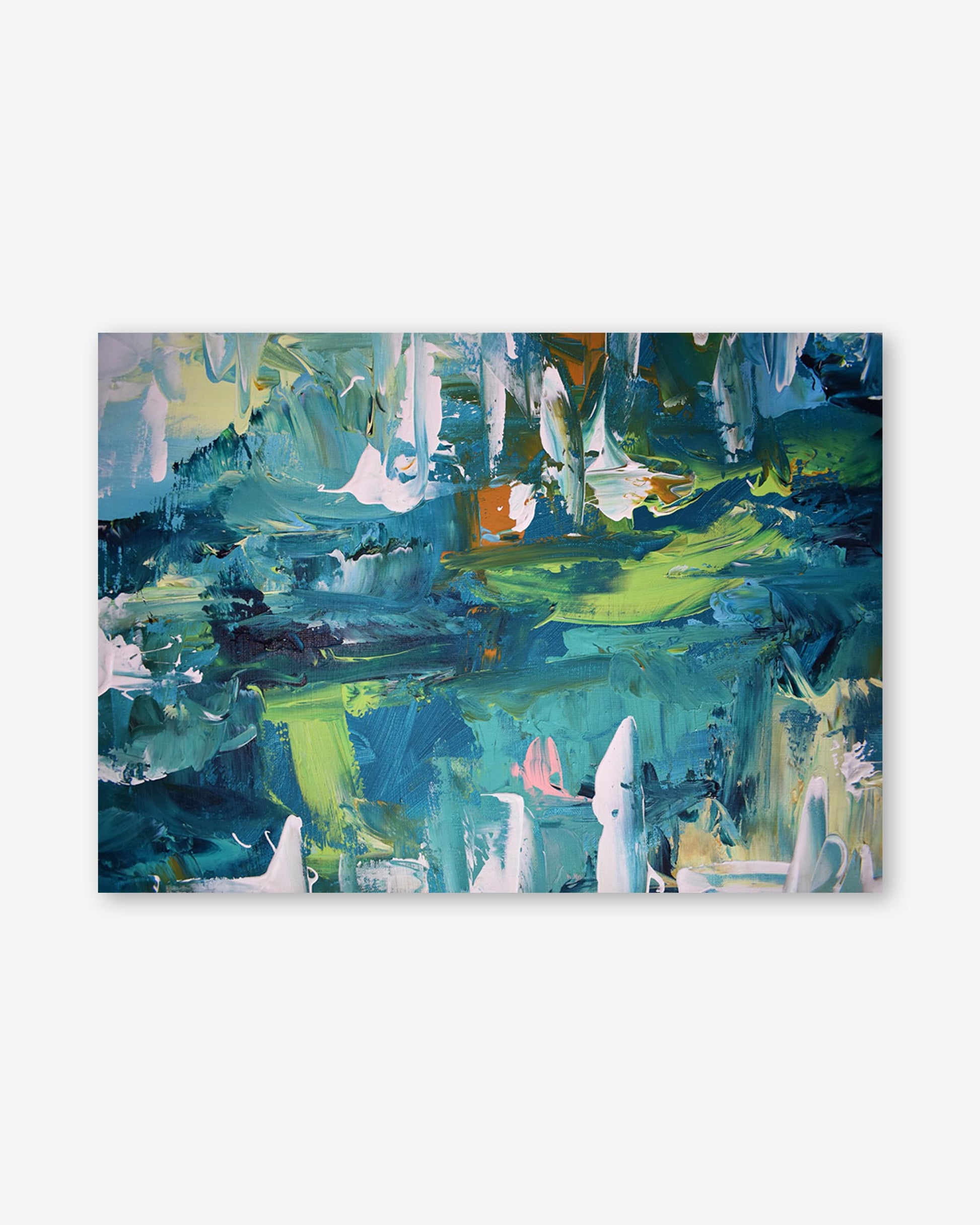 Abstract painting with blue, green, and white colors on a white background