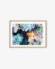 Framed abstract art print with colorful brush strokes on a white background