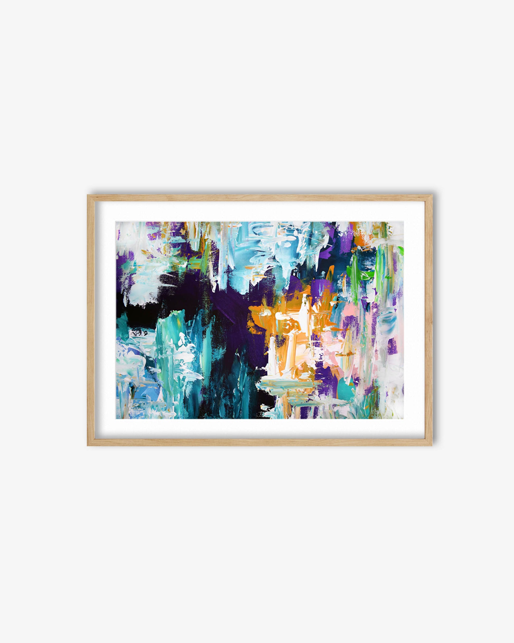 Framed abstract art print with colorful brush strokes on a white background