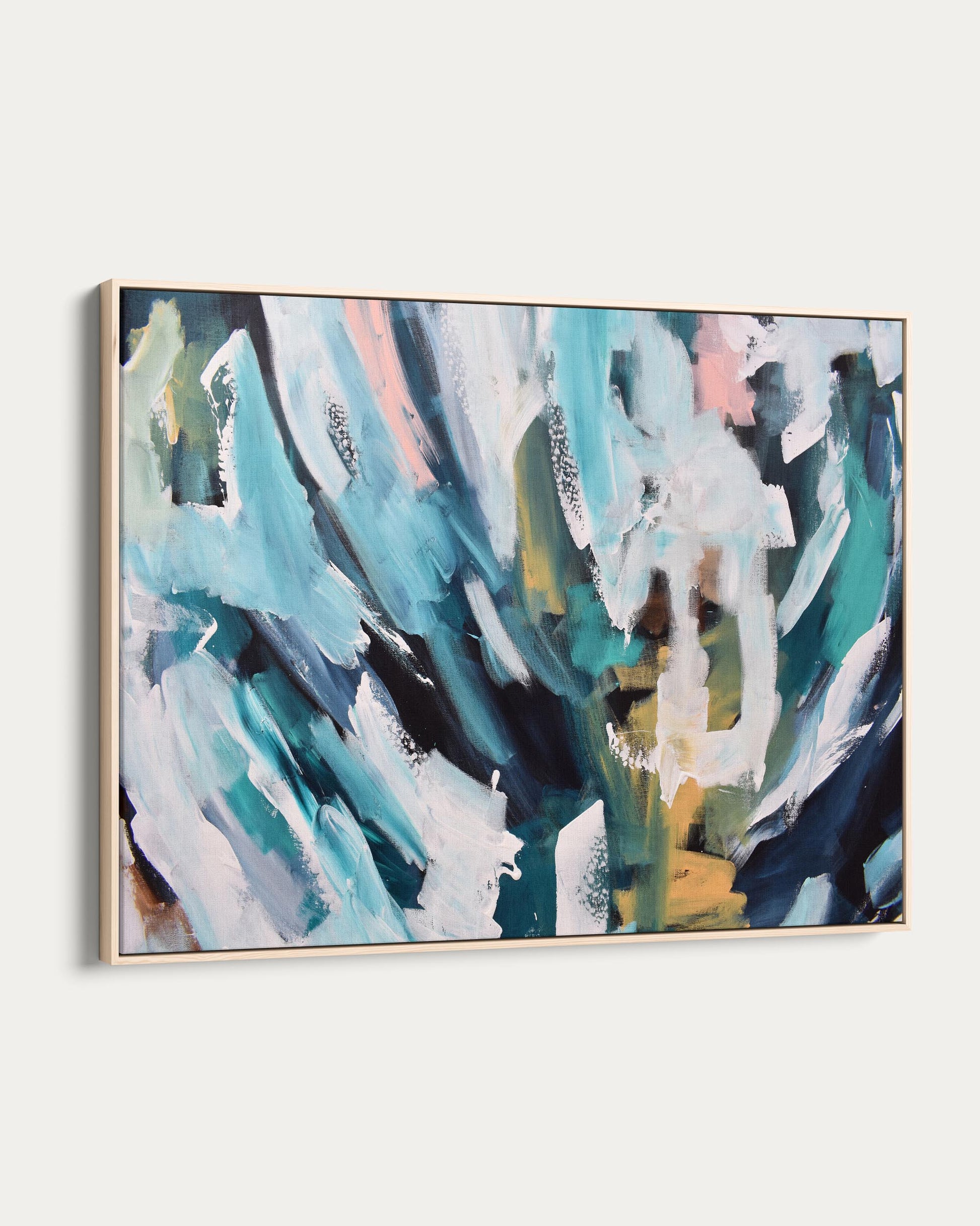Abstract painting with teal, white, and black colors on a white wall