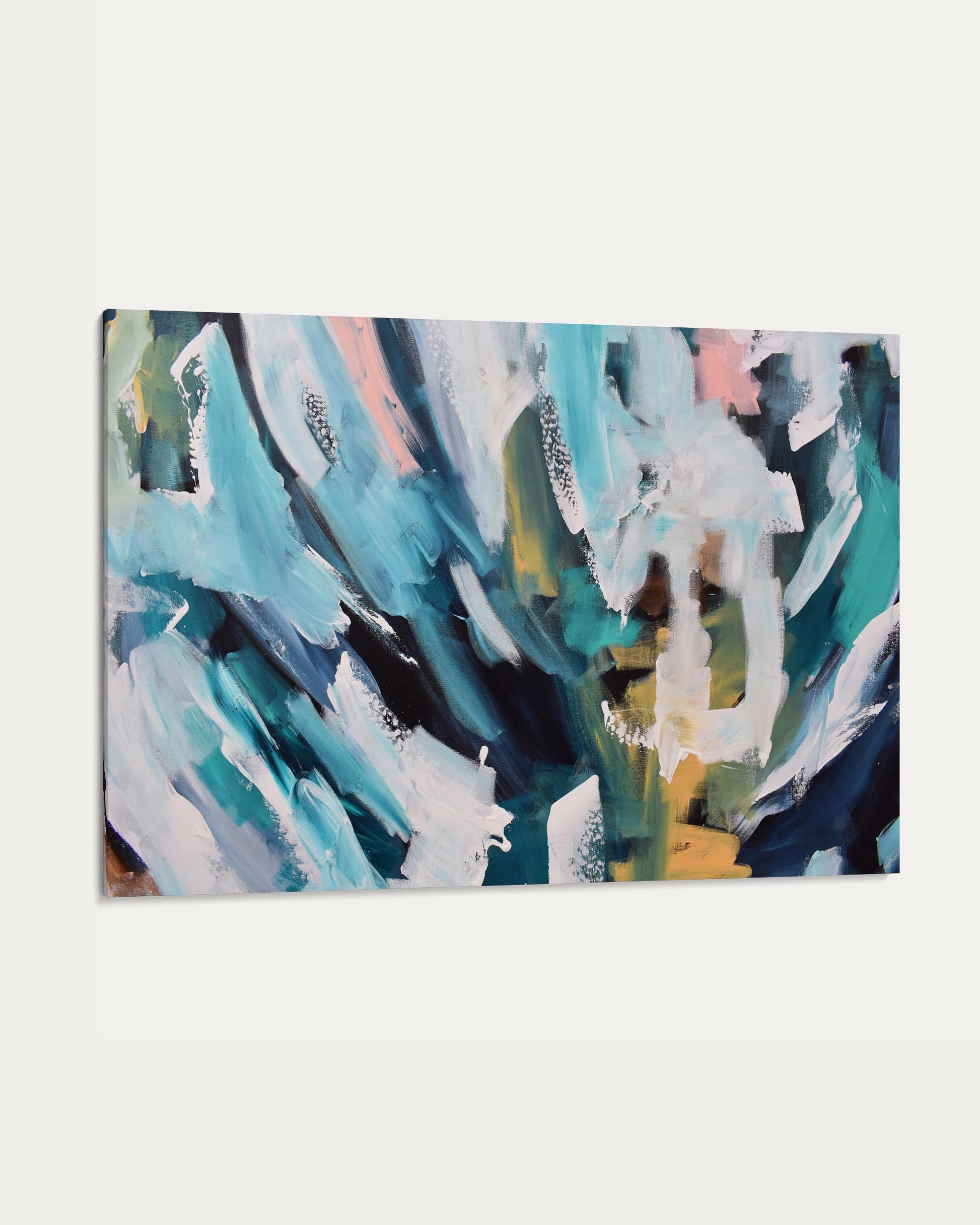 Abstract art print with blue, white, and green brush strokes on a white background