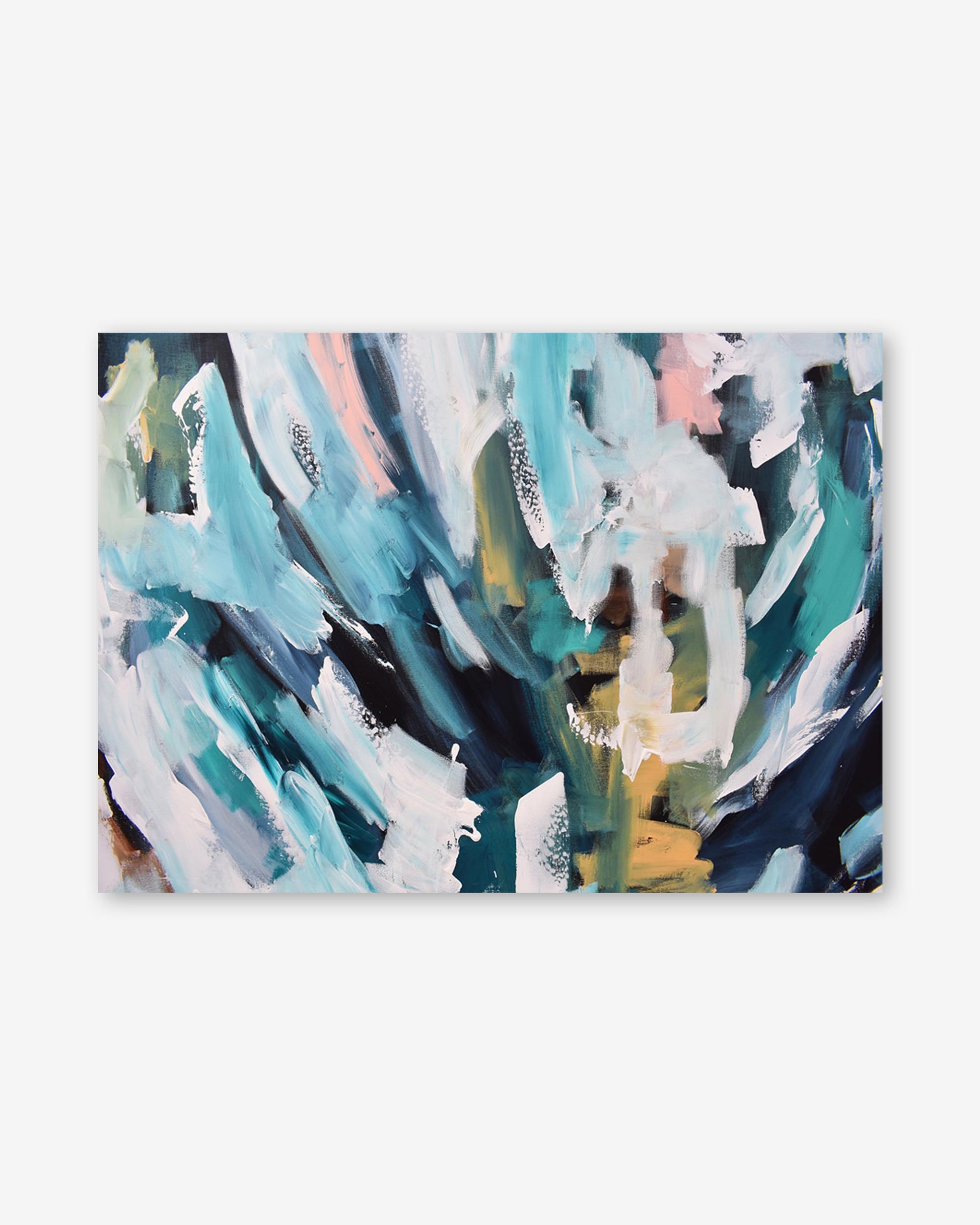 Abstract art print with blue, green, and white brush strokes on a white background