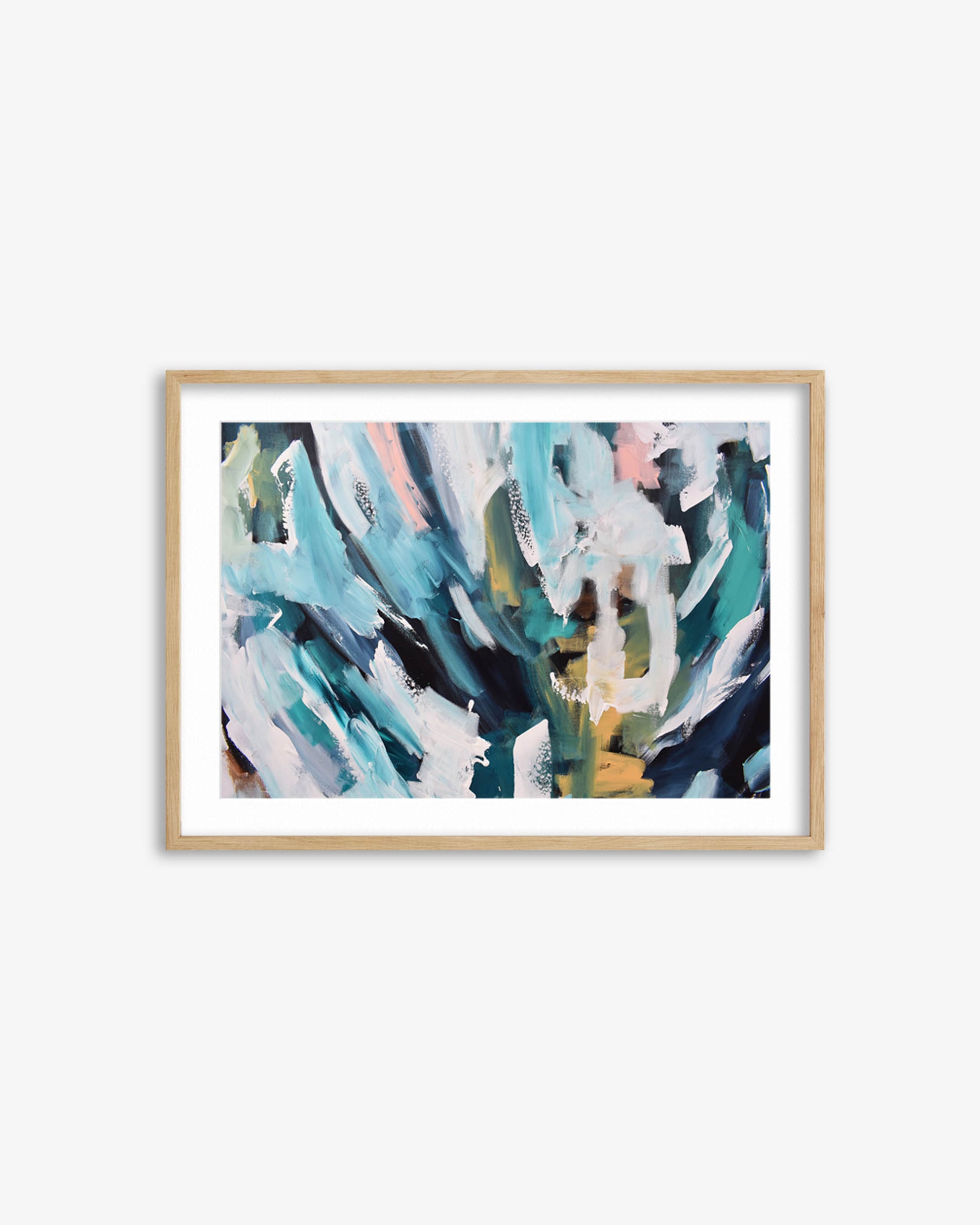 Framed abstract art print with colorful brush strokes on a white wall