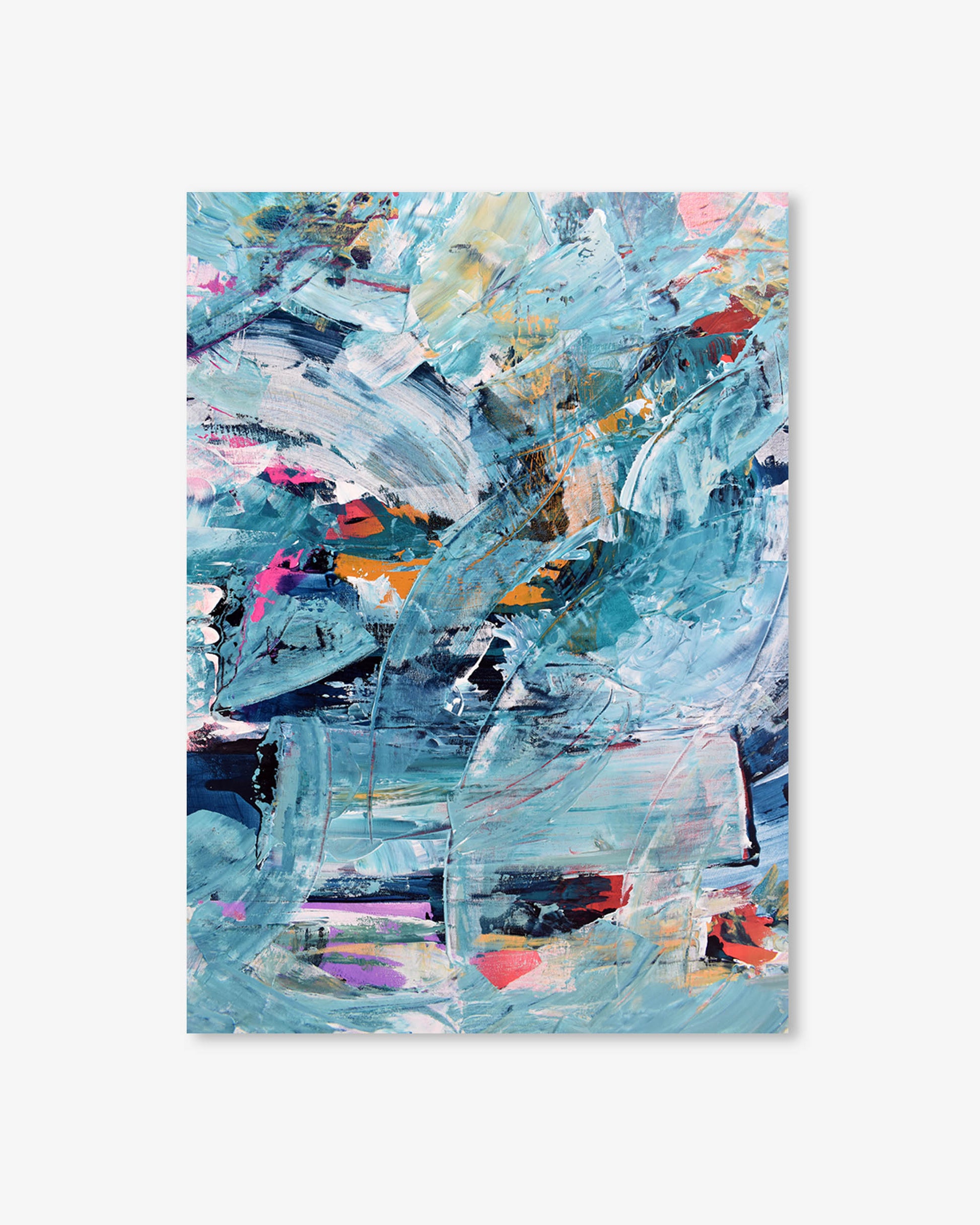 Abstract art print with a mix of blue, pink, and other colors on a white background