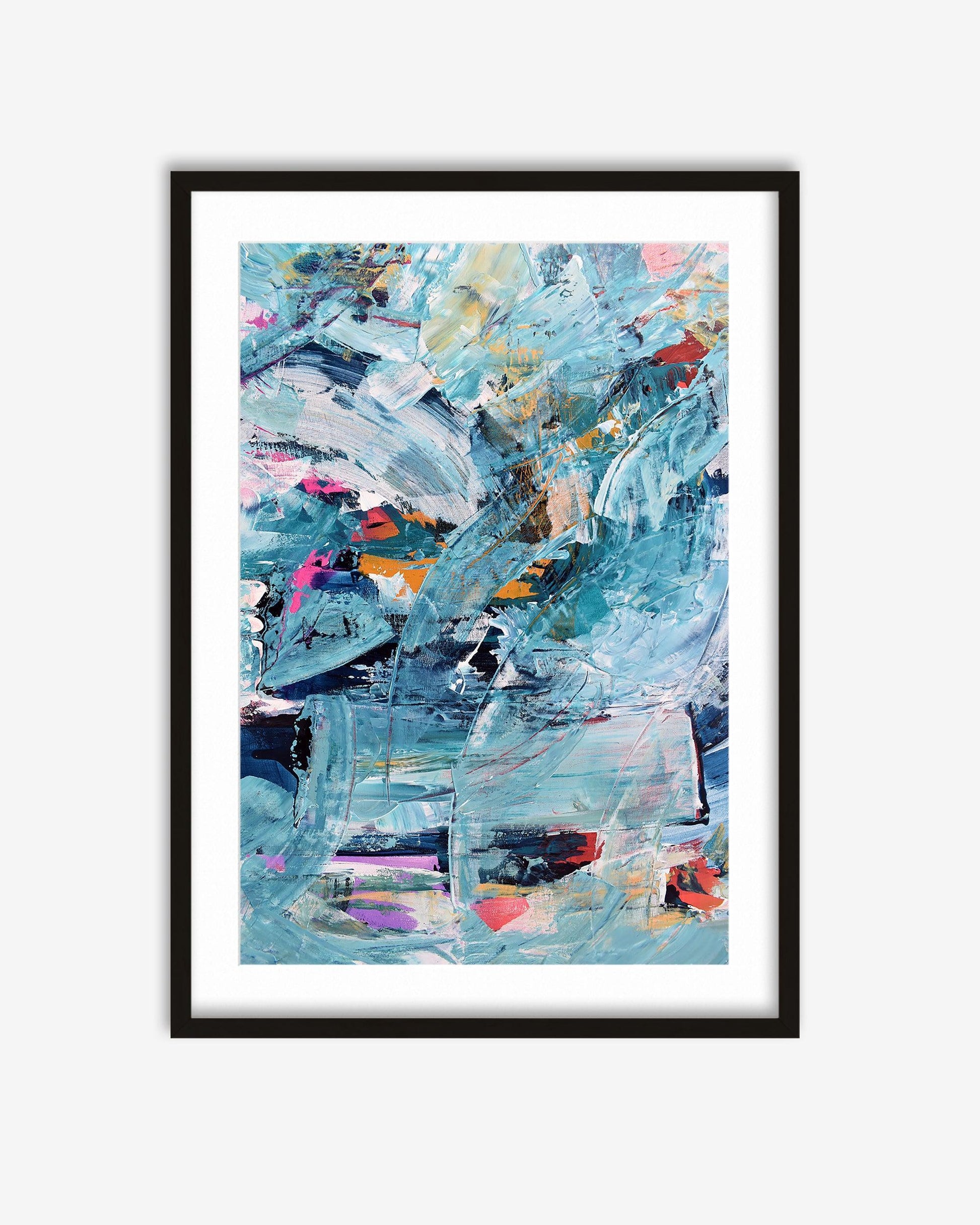 Framed abstract art print with blue and multicolor brushstrokes on a white background
