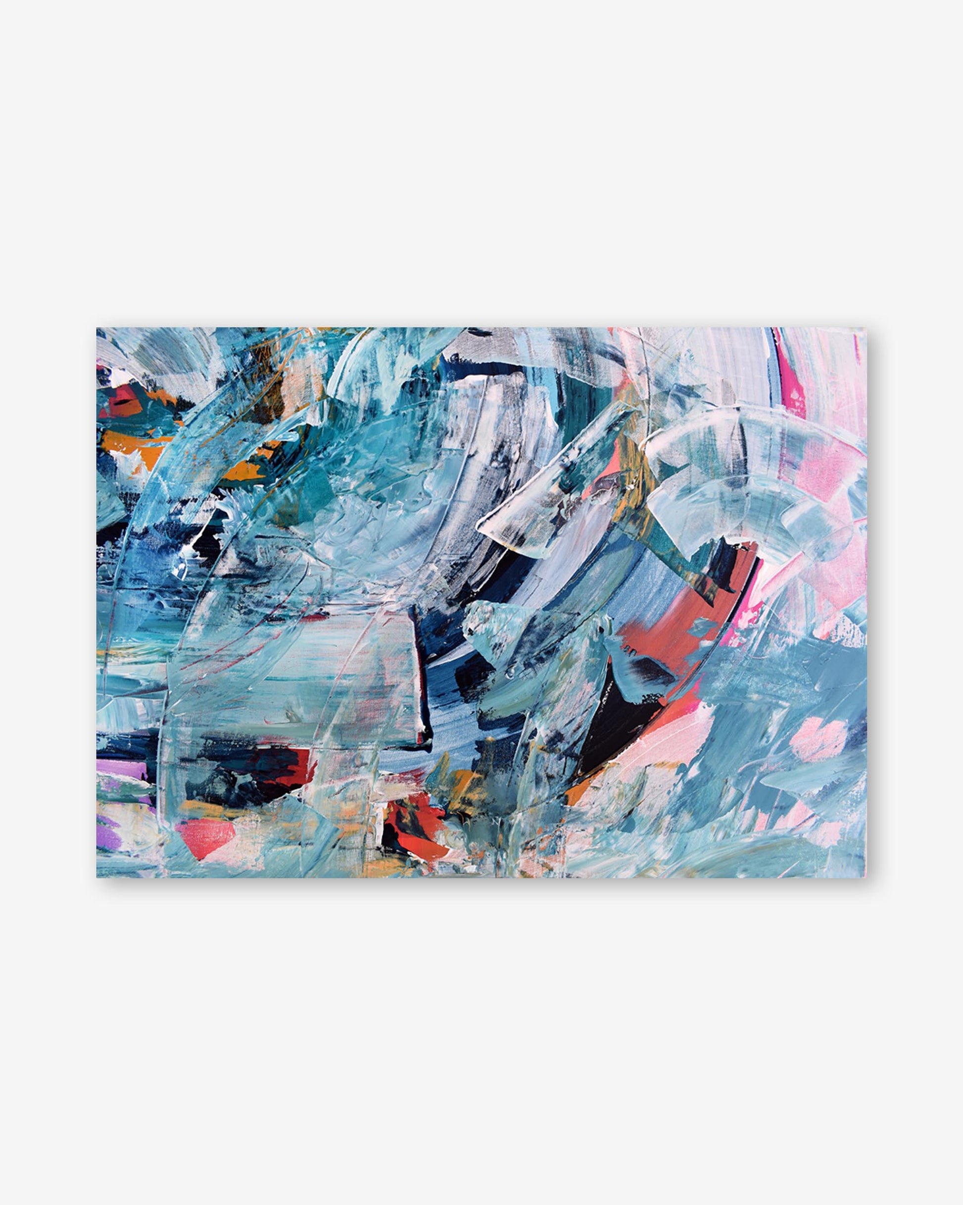 Abstract art print with blue, pink, and black colors on a white background