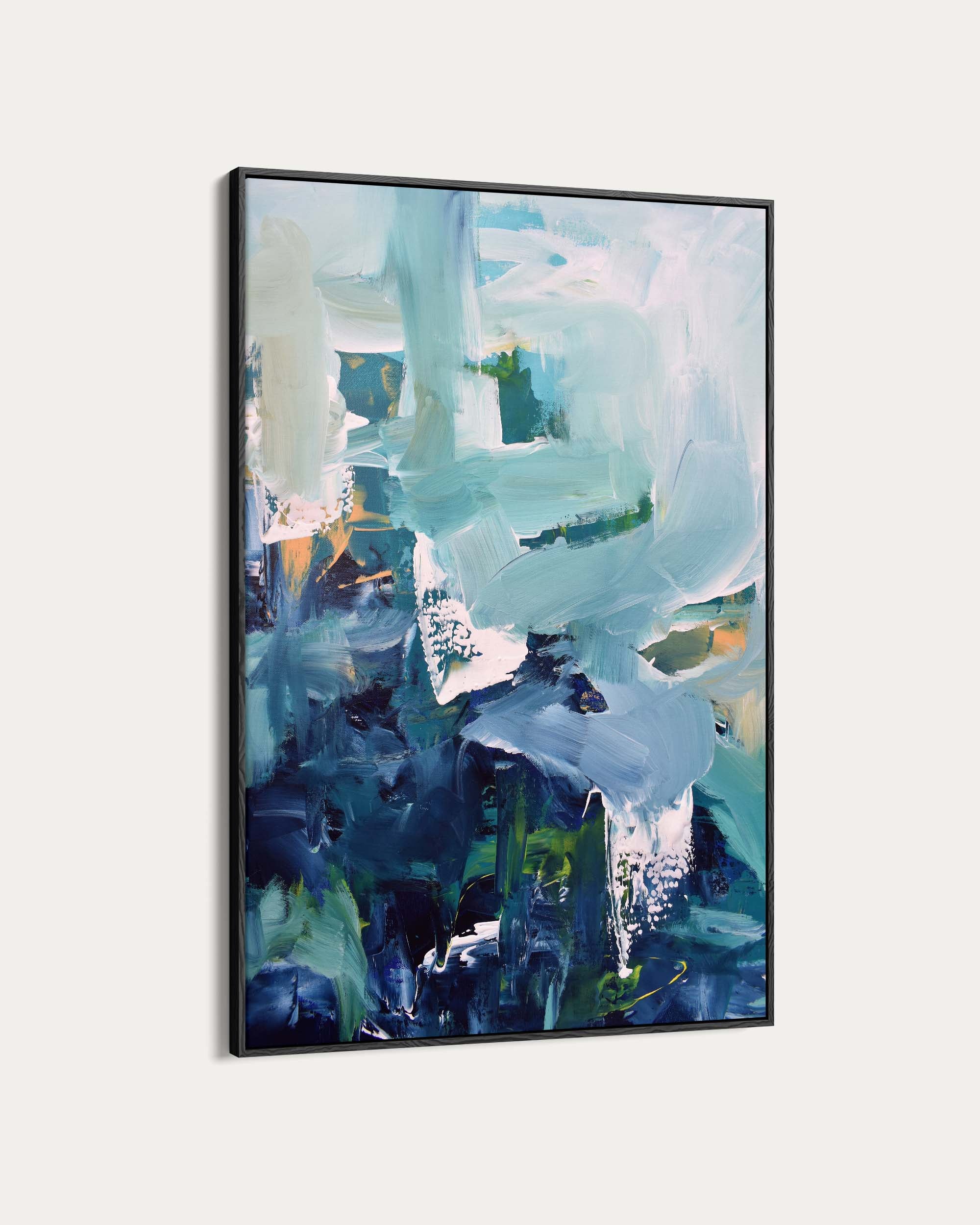 Abstract art painting with blue and green tones on a white background