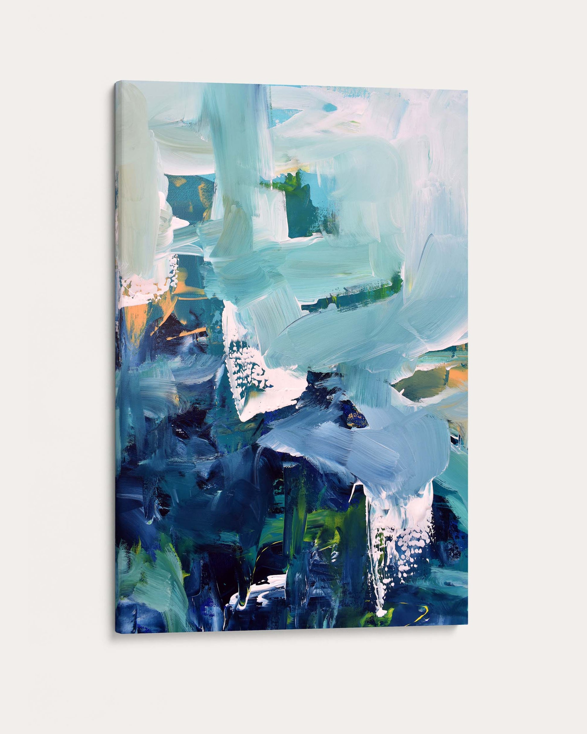 Abstract painting with blue and green tones on a white background