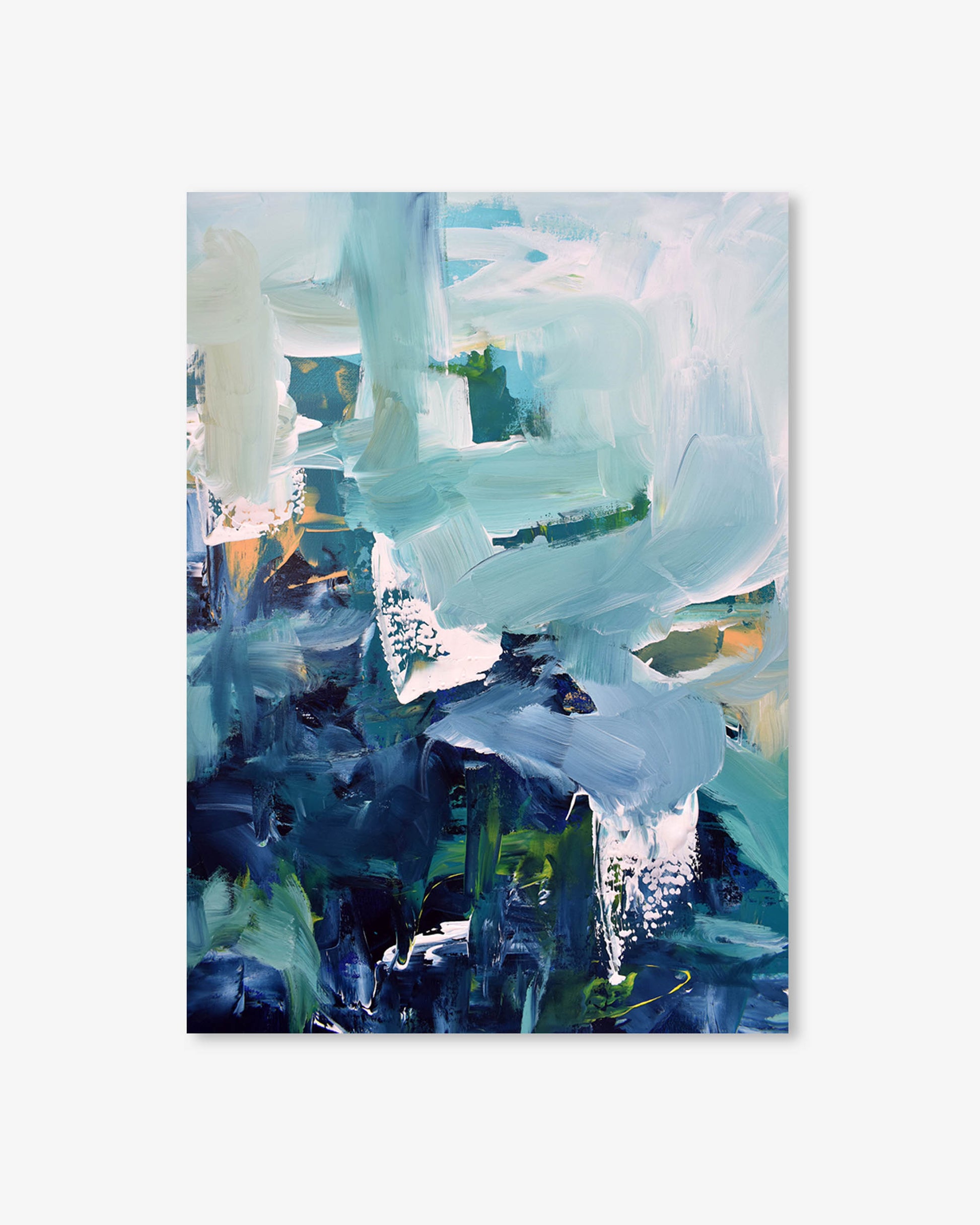 Abstract painting with blue, white, and green colors on a light gray background
