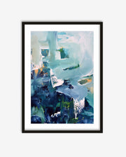 Framed abstract art print with blue and green hues on a white background