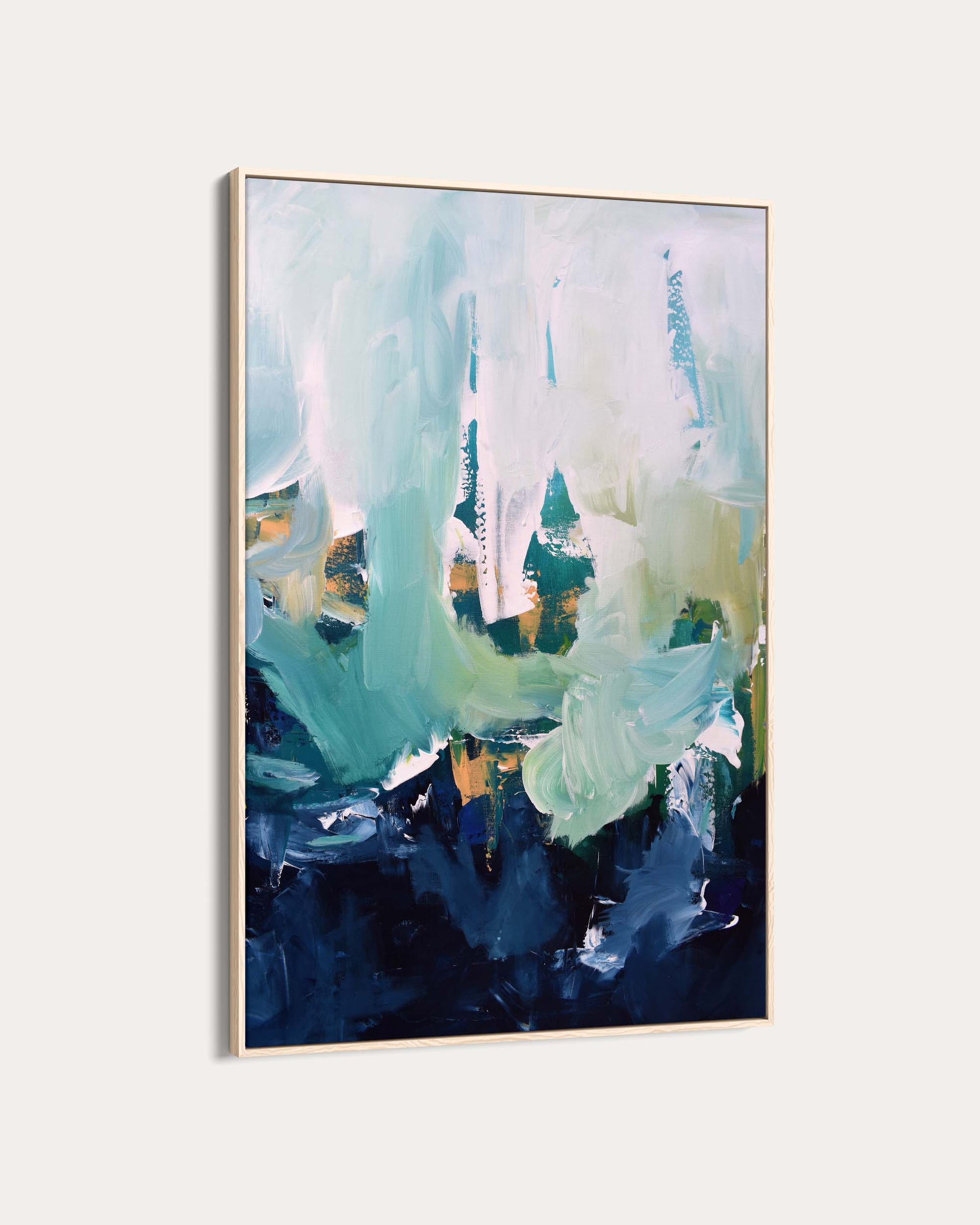 Abstract art painting with teal, blue, and green colors on a white background