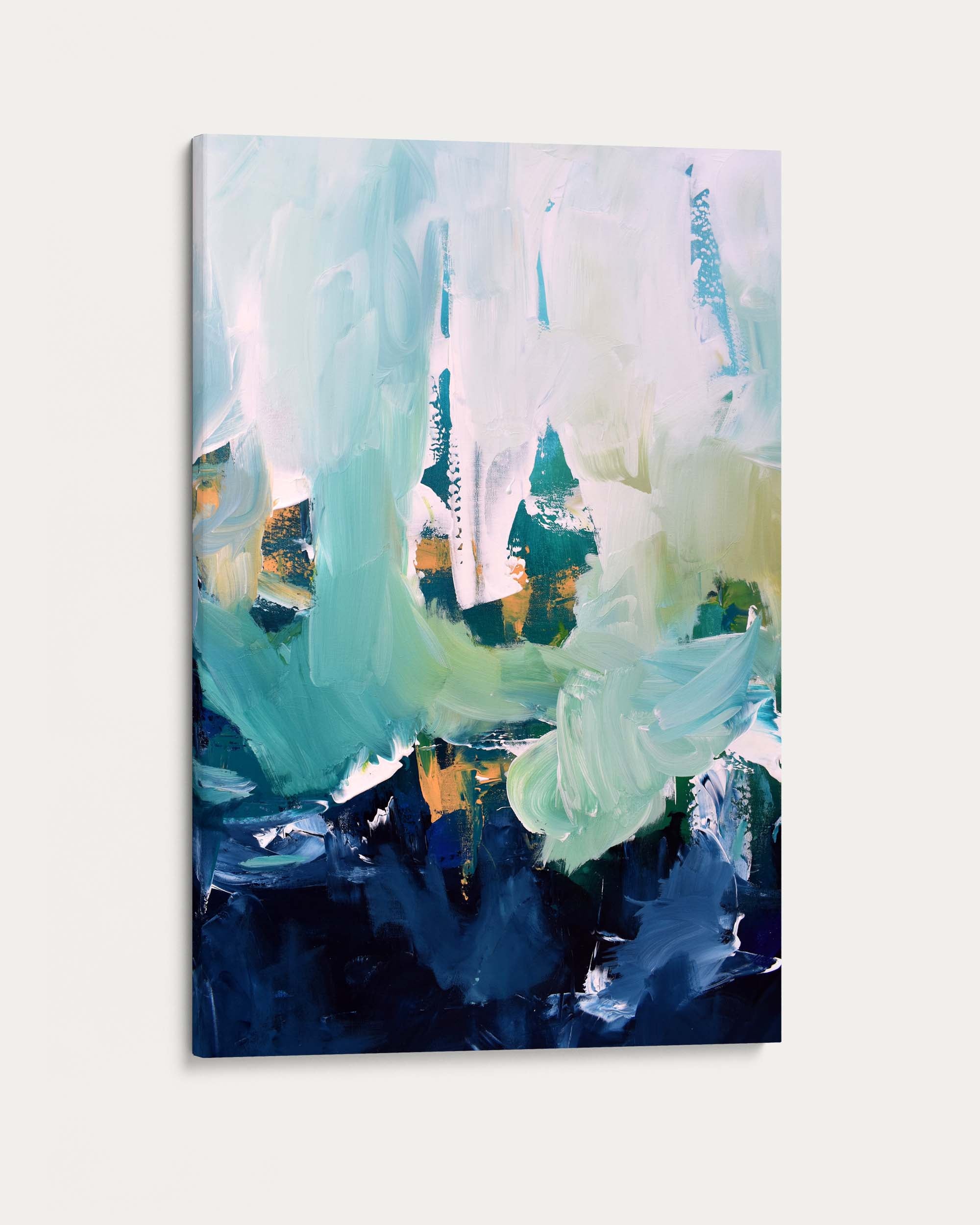 Abstract painting with teal, white, and blue colors on a light gray background