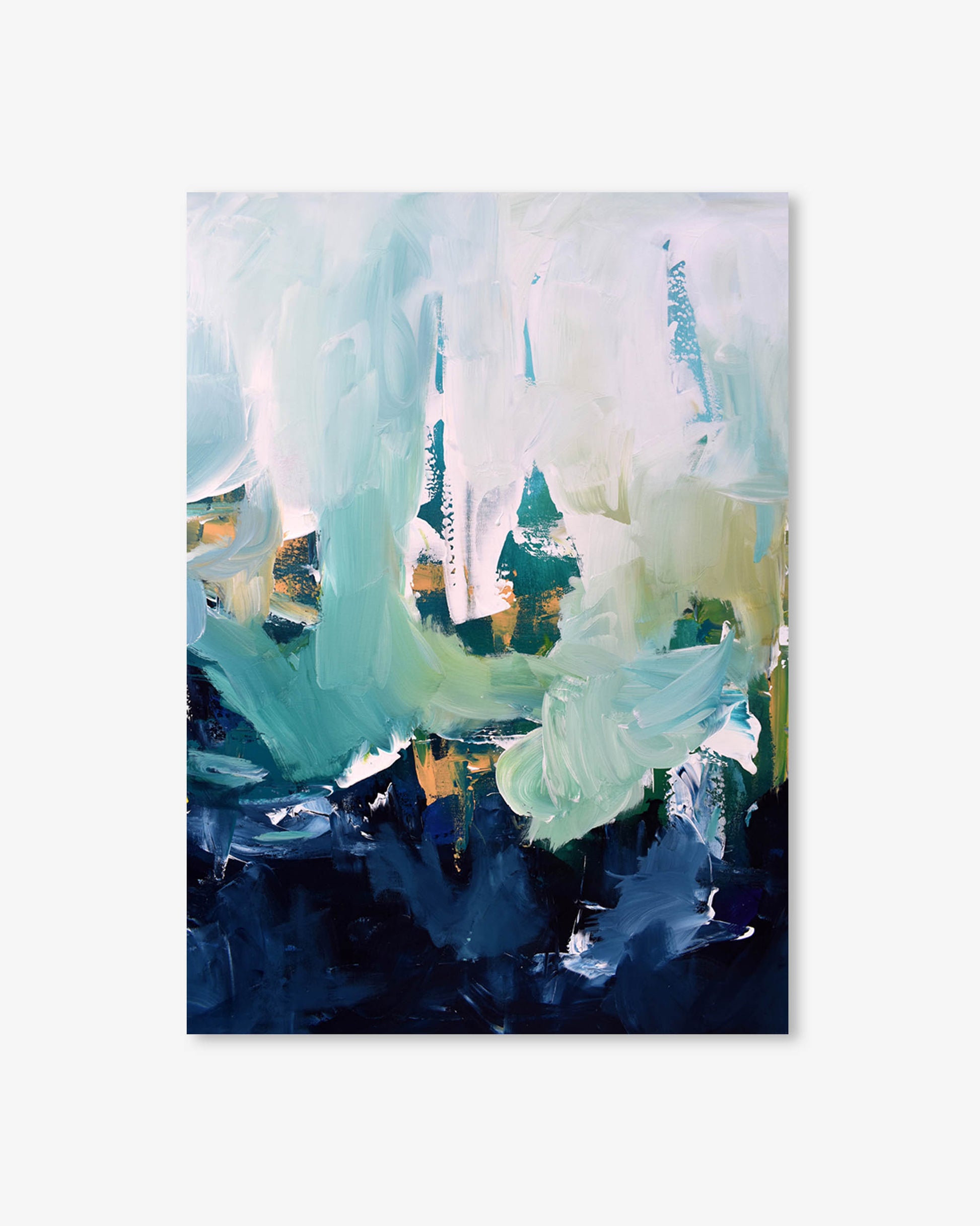 Abstract painting with teal, blue, and white colors on a light gray background