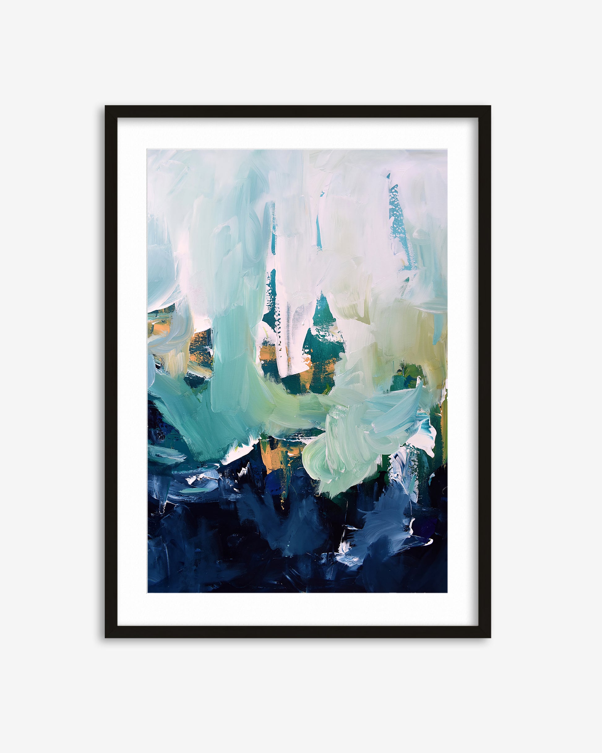 Framed abstract art print with teal, blue, and beige colors on a white background